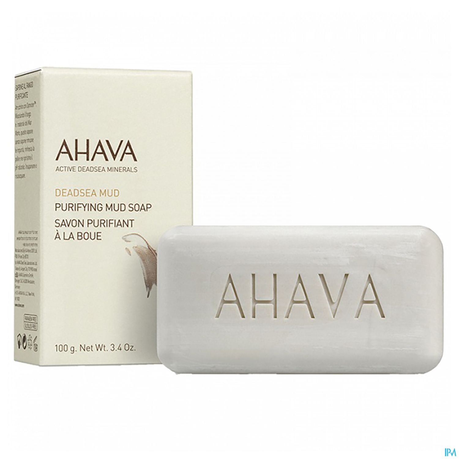 AHAVA Deadséa Mud Seife in einer Verpackung mit grünem und beigem Design.