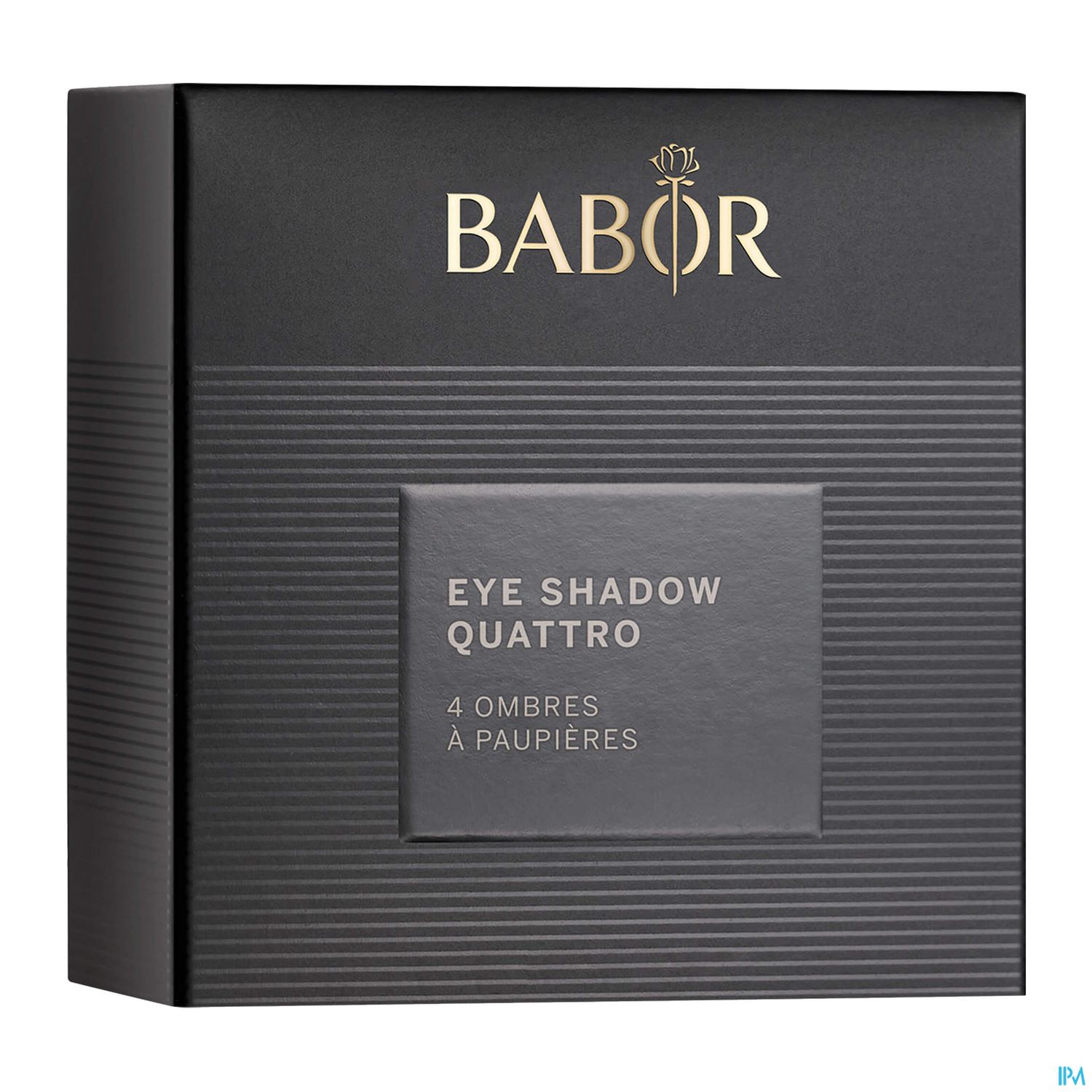 Schwarze Verpackung mit dem Text "BABOR EYE SHADOW QUATTRO" und vier Lidschatten.