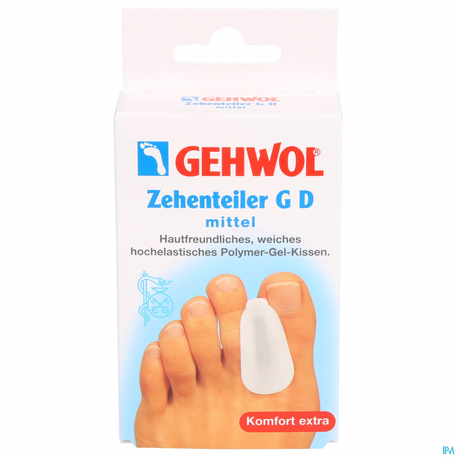 Verpackung des GEHWOL Zehenteilers G D in der Größe mittel mit Produktbeschreibung und Abbildung eines Fußes.