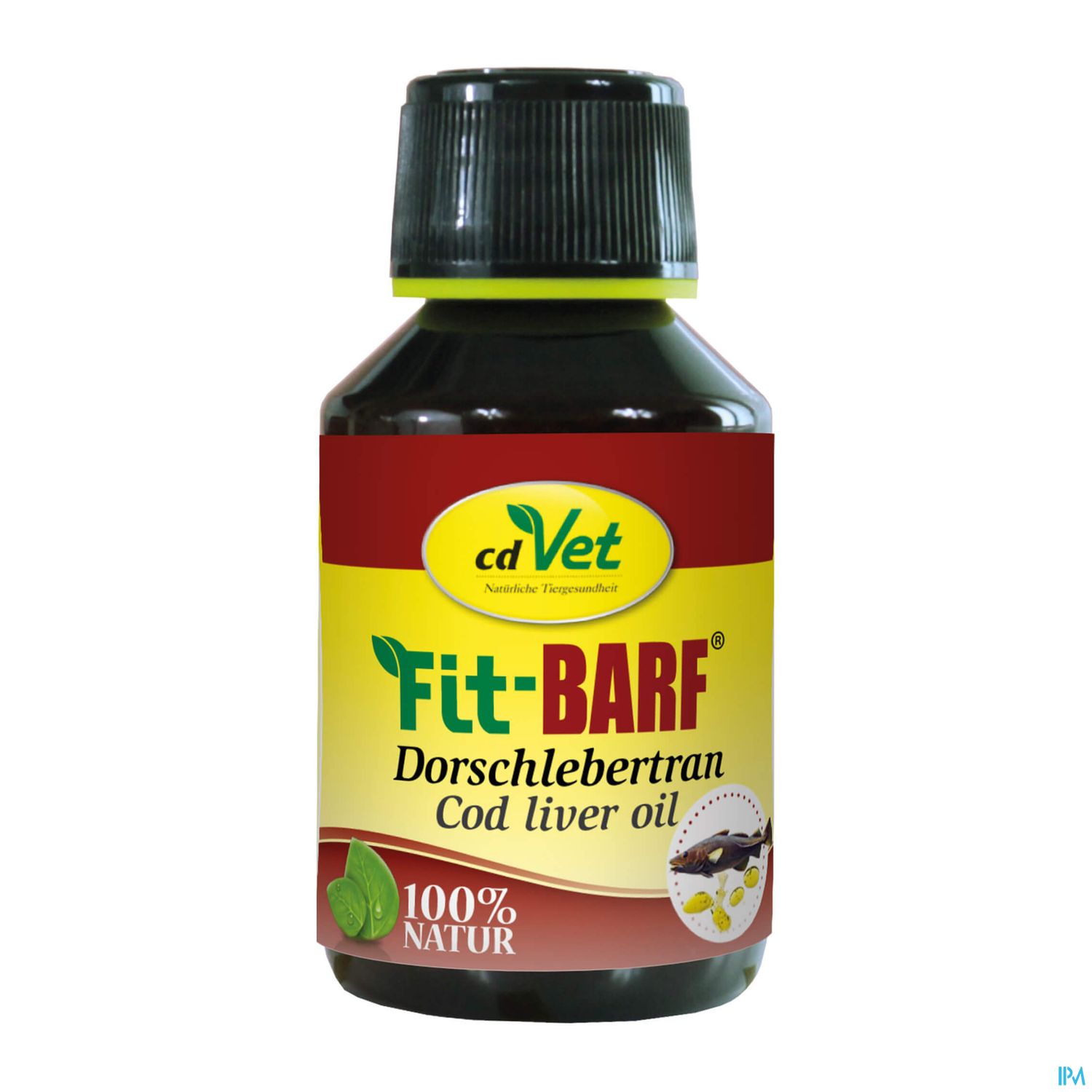 Flasche mit Dorschlebertran von cdVet, Etikett mit der Aufschrift "Fitt+BARF", 100% Natur.