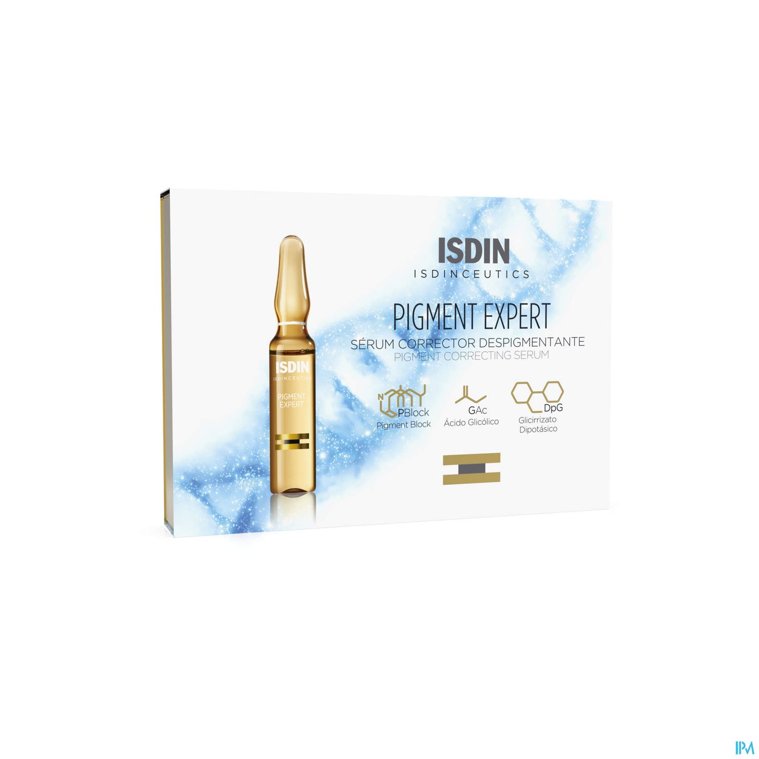 Produktverpackung von ISDIN Pigment Expert Serum, mit goldenem Ampullen-Design und blauer Hintergrundgrafik.