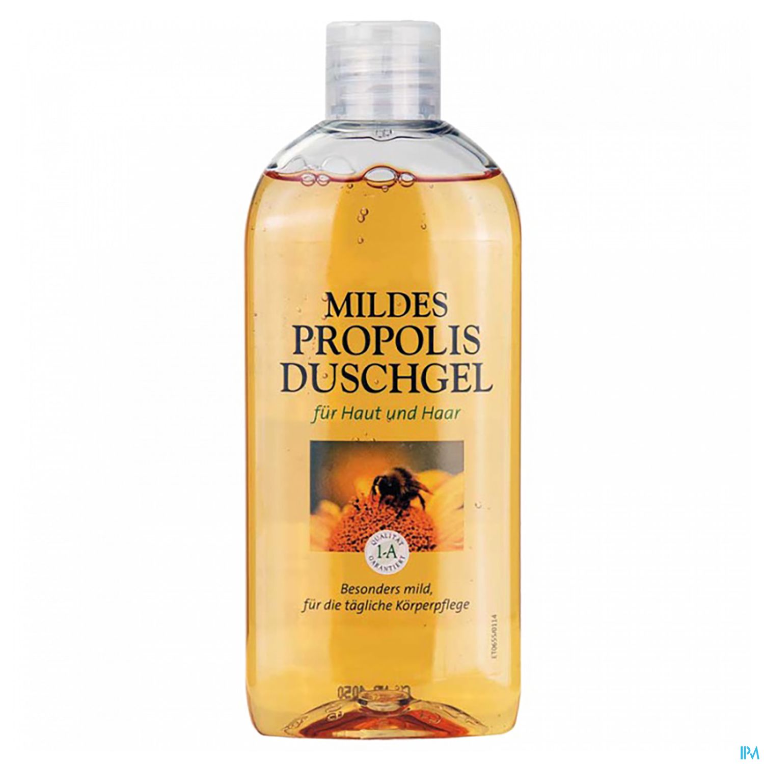 Flasche mit mildem Propolis-Duschgel für Haut und Haar, Hinweis auf milde Formel für die tägliche Körperpflege.