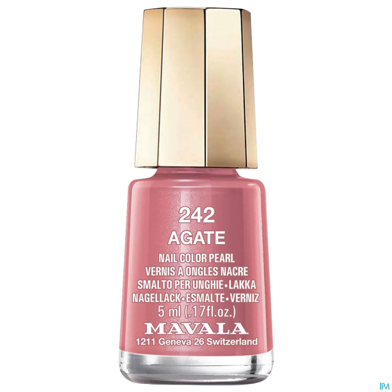 Nagellackflasche von Mavala in der Farbe Agate, 5 ml, mit goldener Kappe und rosa Farbe.