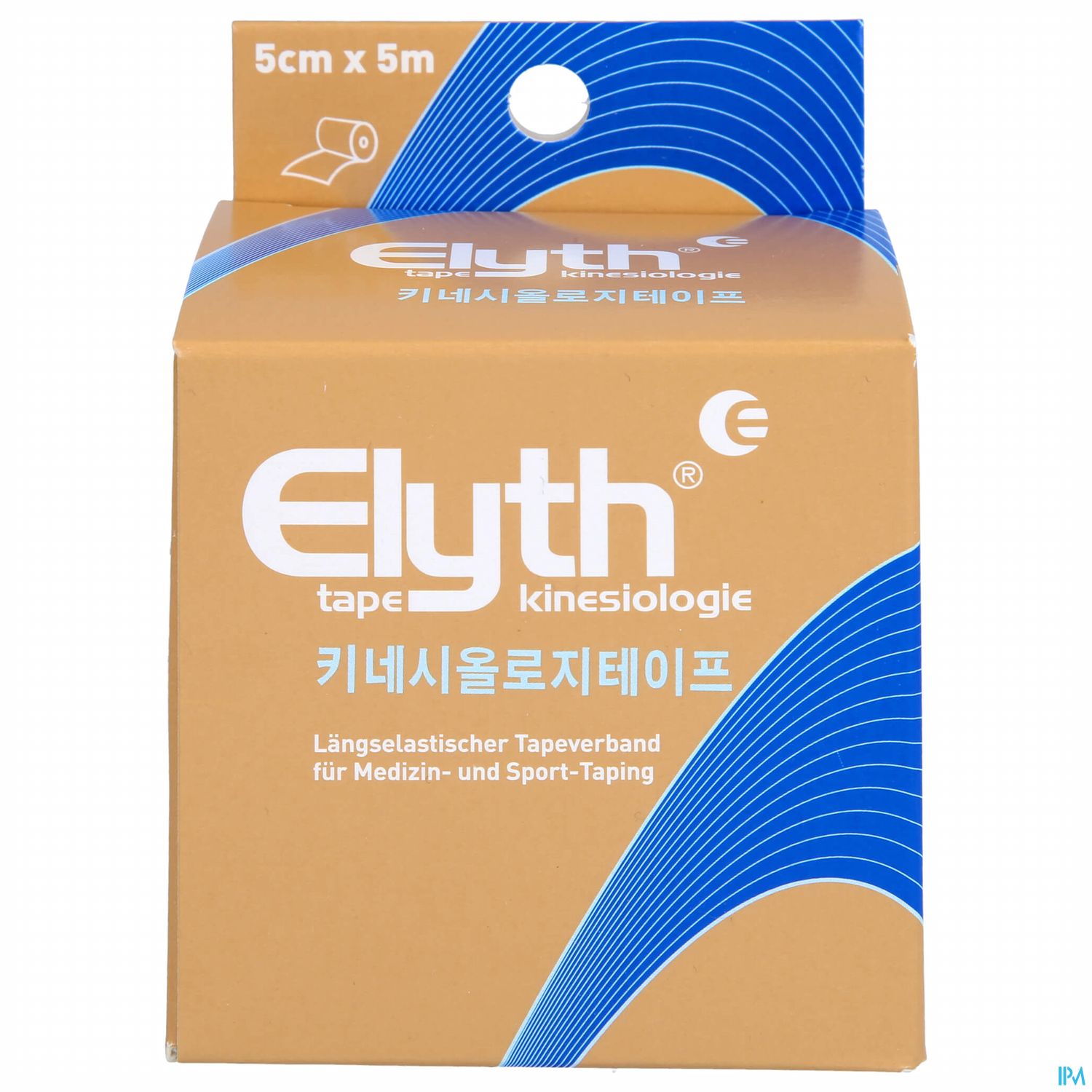 Braun-orangefarbene Verpackung eines elastischen Tapeverbands für Medizin- und Sportanwendungen, mit der Aufschrift "Elyth Kinesiology Tape" und einer Größe von 5 cm x 5 m.