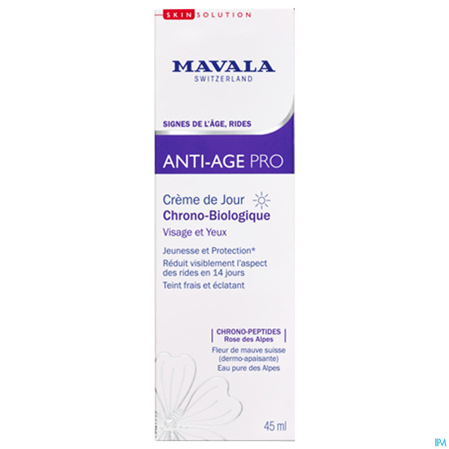 Produktverpackung der Mavala Anti-Age Pro Crème de Jour mit Beschreibung und Anwendungshinweisen.