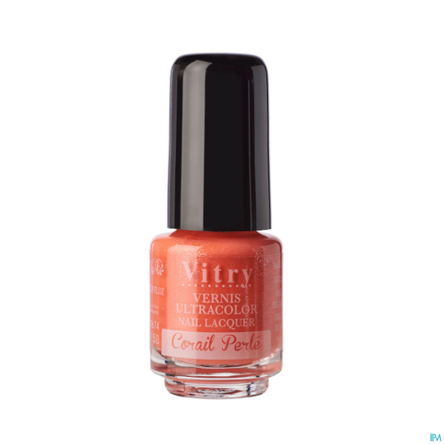 Flasche mit Nagellack in korallenfarbener Farbe, Etikett mit der Aufschrift "Vitry Vernis Ultracolor Nail Lacquer".