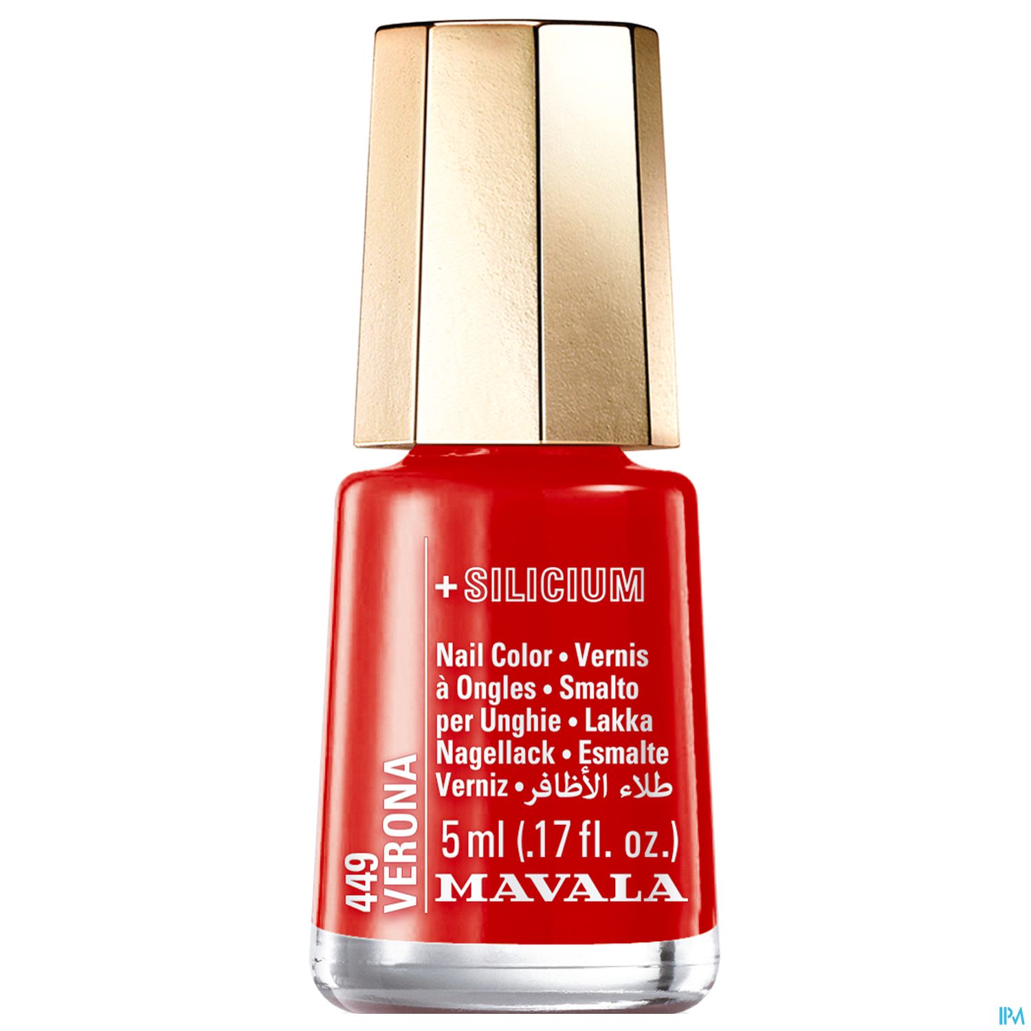 Roter Nagellack in einer transparenten Flasche mit goldenem Deckel und dem Schriftzug "MAVALA 449 VERONA".