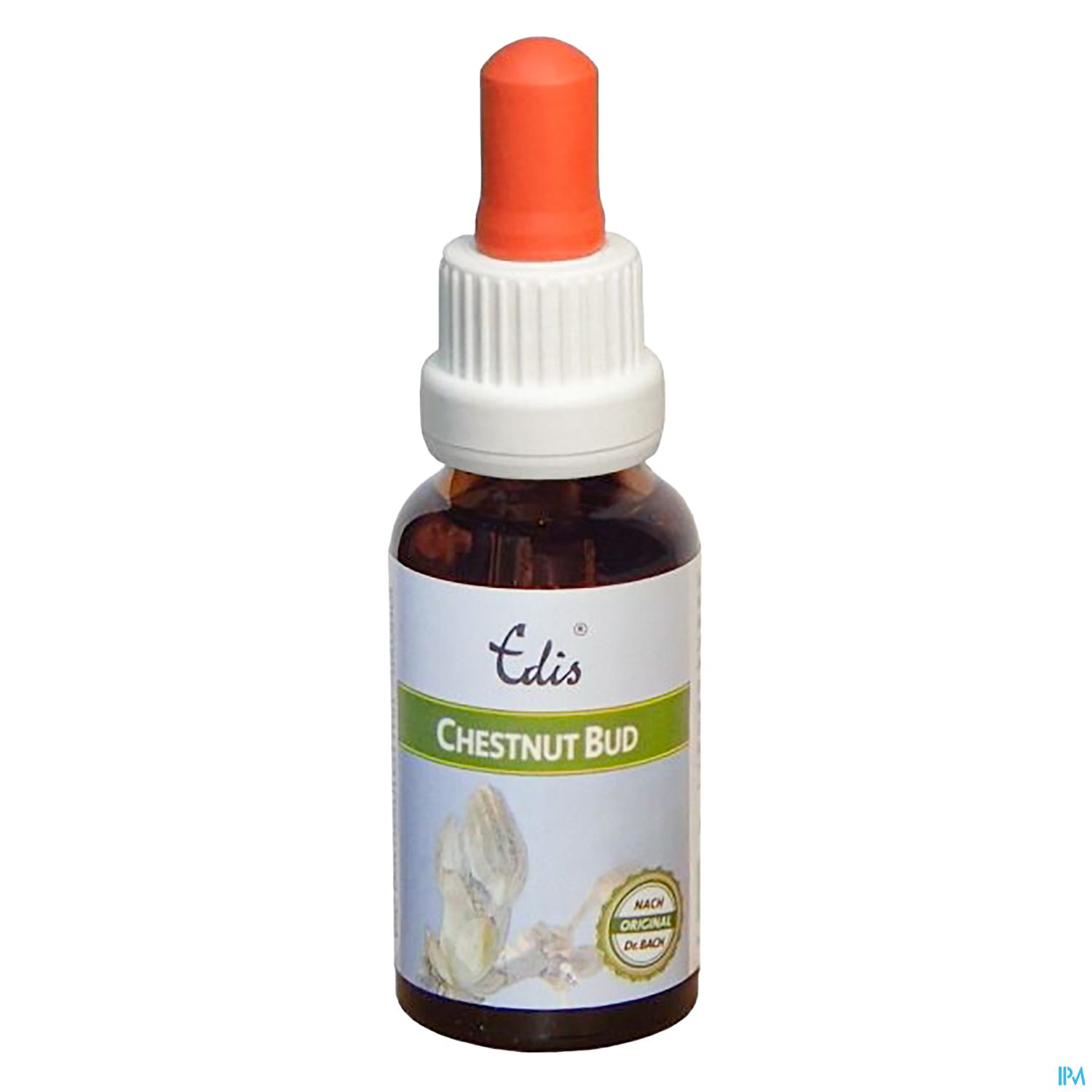 Braunglasflasche mit Tropfverschluss, beschriftet mit "Edis Chestnut Bud".