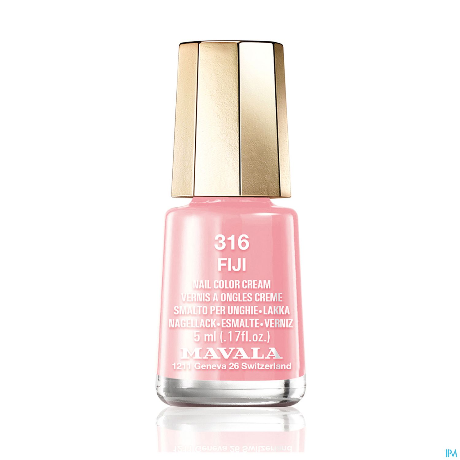 Nagellackflasche mit rosa Farbe und goldenem Deckel, Beschriftung "316 FIJI" und 5 ml Inhalt.