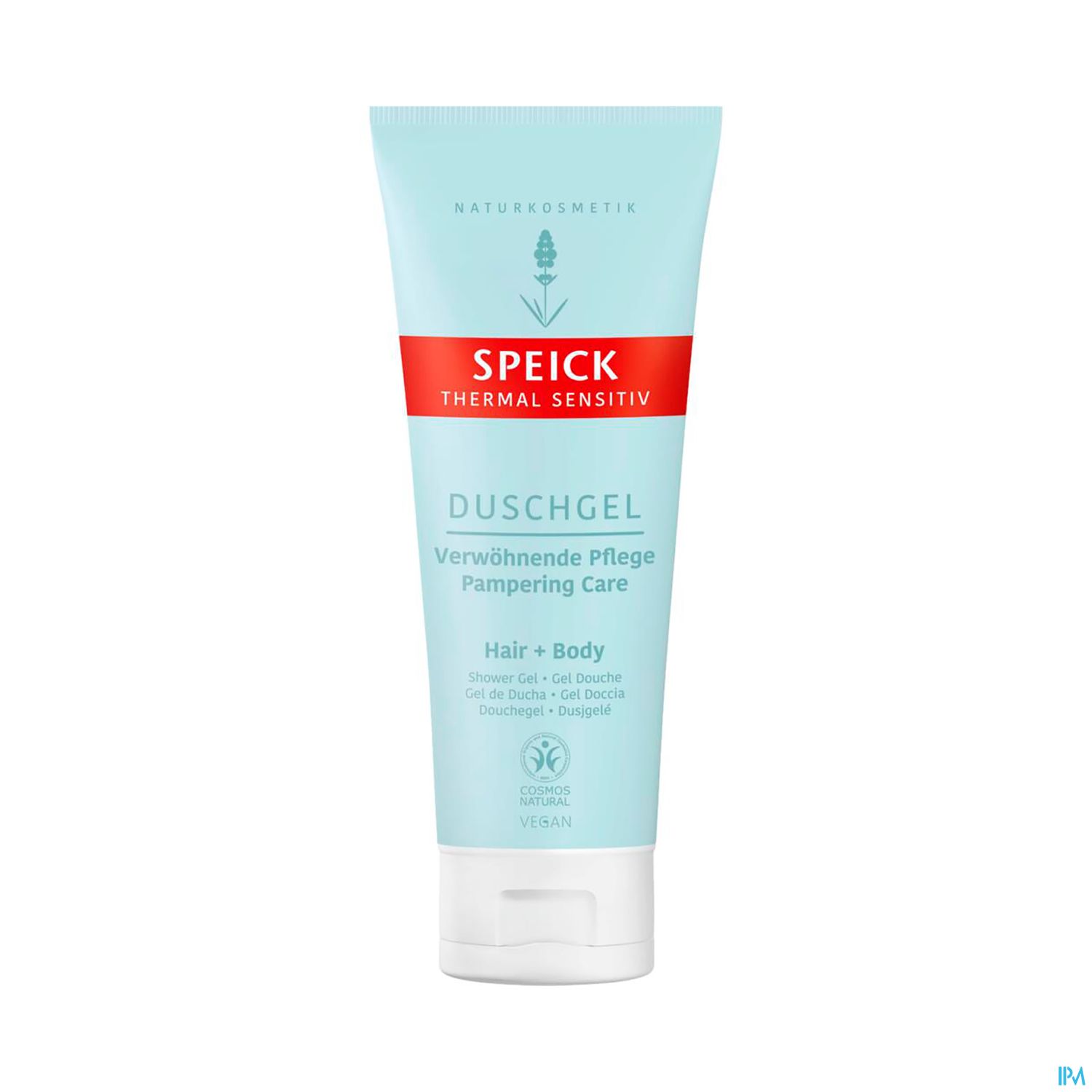 Tube mit Duschgel der Marke Speick, beschriftet mit "DUSCHGEL" und "Verwöhnende Pflege", für Haar und Körper, in hellblauer Verpackung.