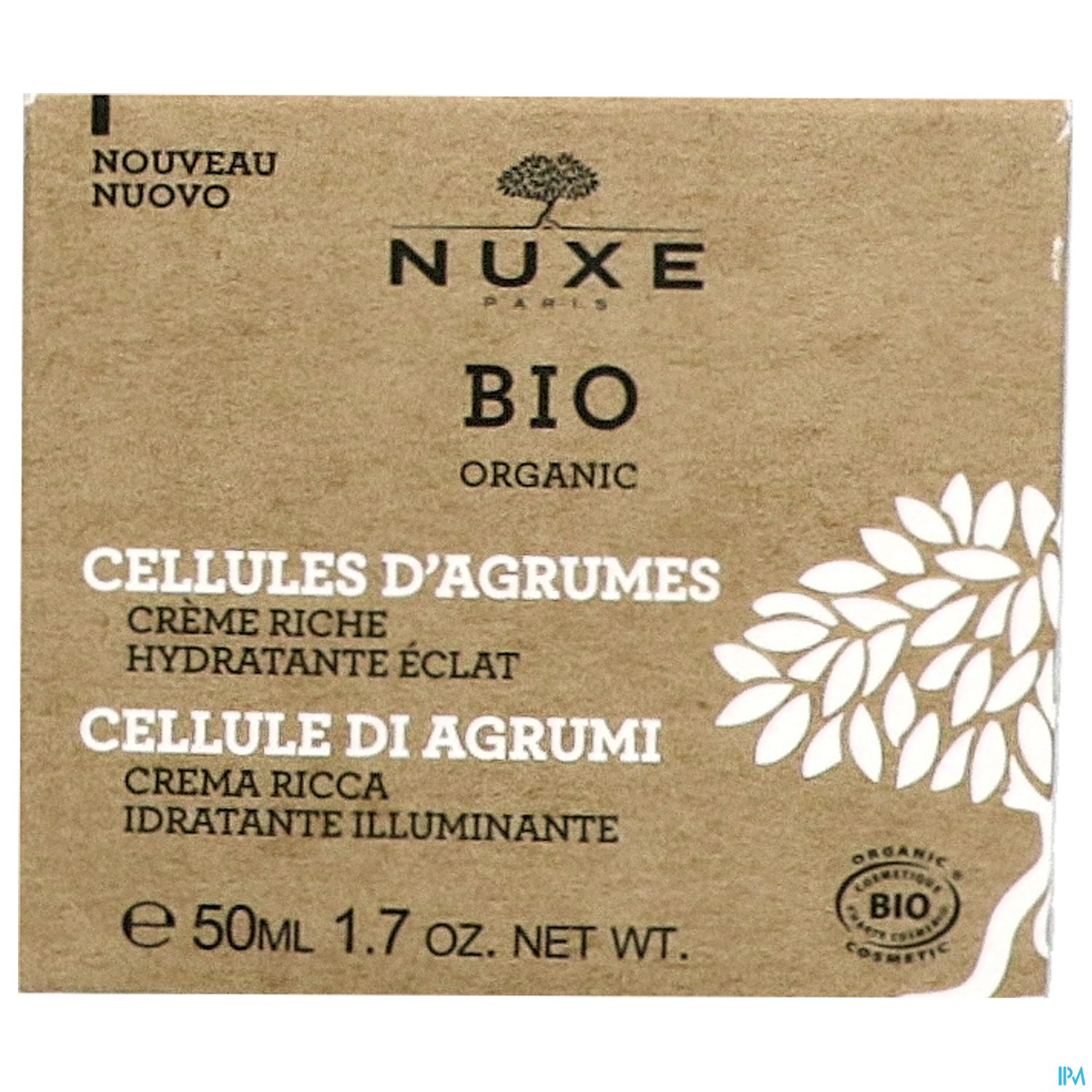 Verpackung einer Nuxe Bio Creme mit der Bezeichnung "Cellules d'Agrumes", 50ml.