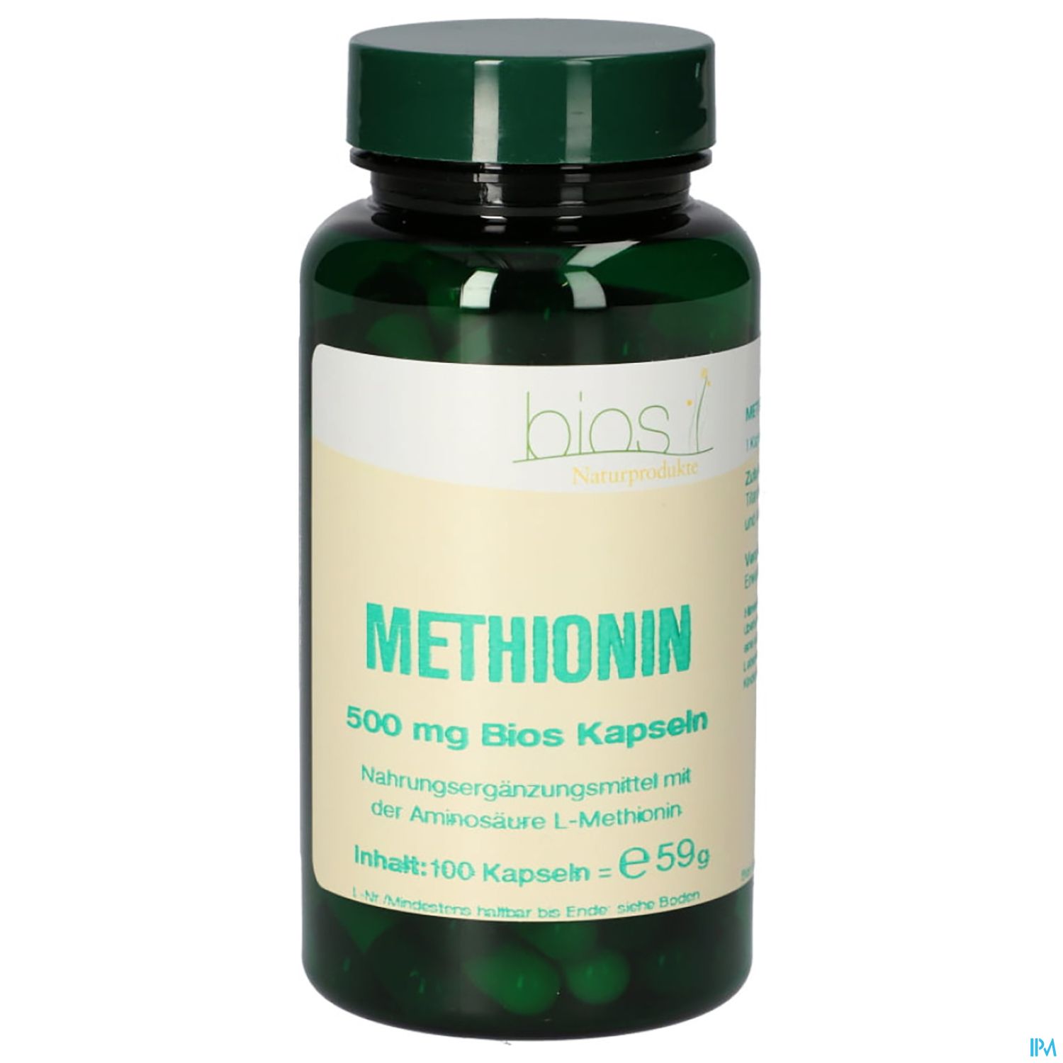 Grüne Kapsel-Flasche mit der Aufschrift "Methionin 500 mg Bios Kapseln", Inhalt: 100 Kapseln, Nahrungsergänzungsmittel mit L-Methionin.