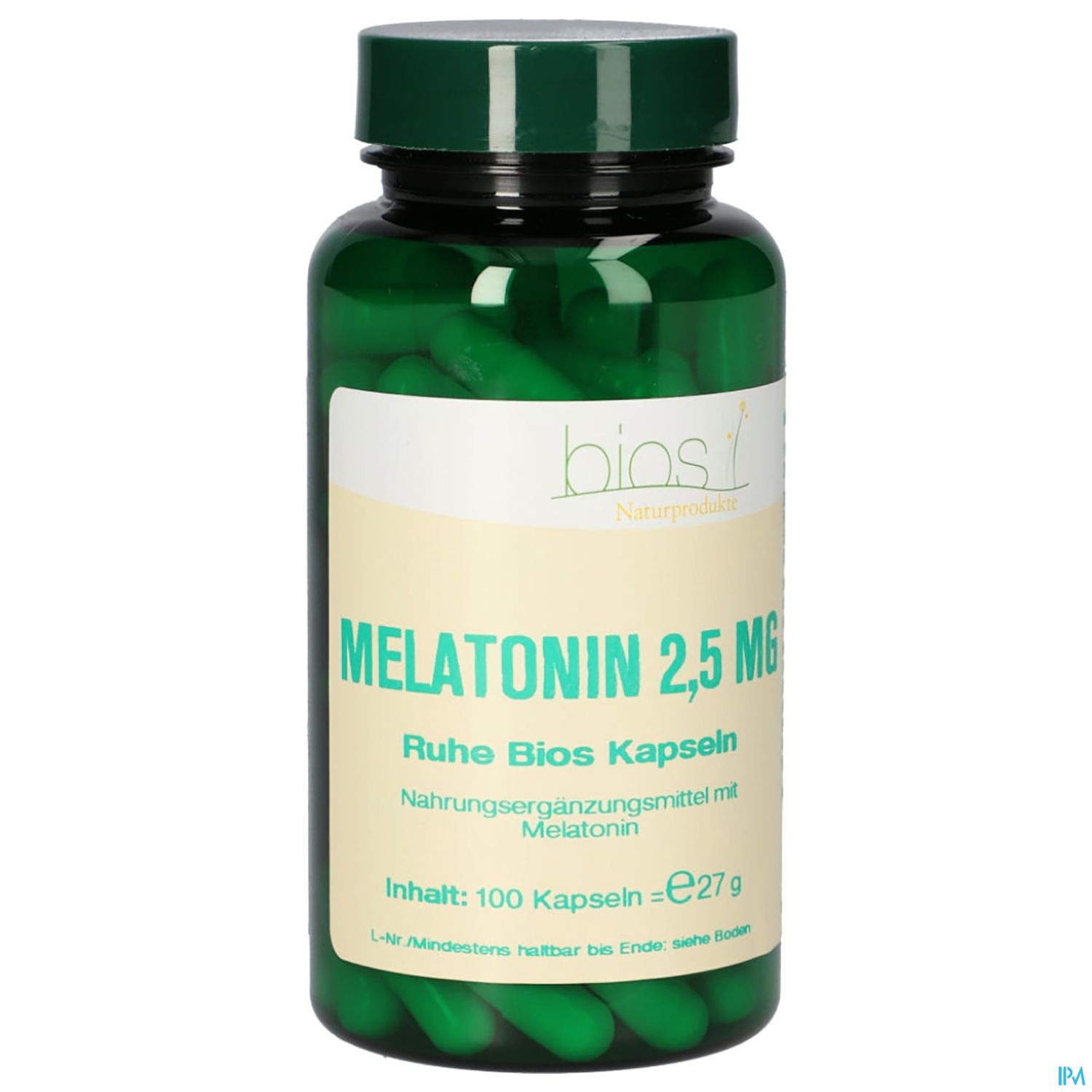 Bild eines grünlichen Fläschchens mit Melatonin-Kapseln, beschriftet mit "Melatonin 2,5 mg" und "100 Kapseln".