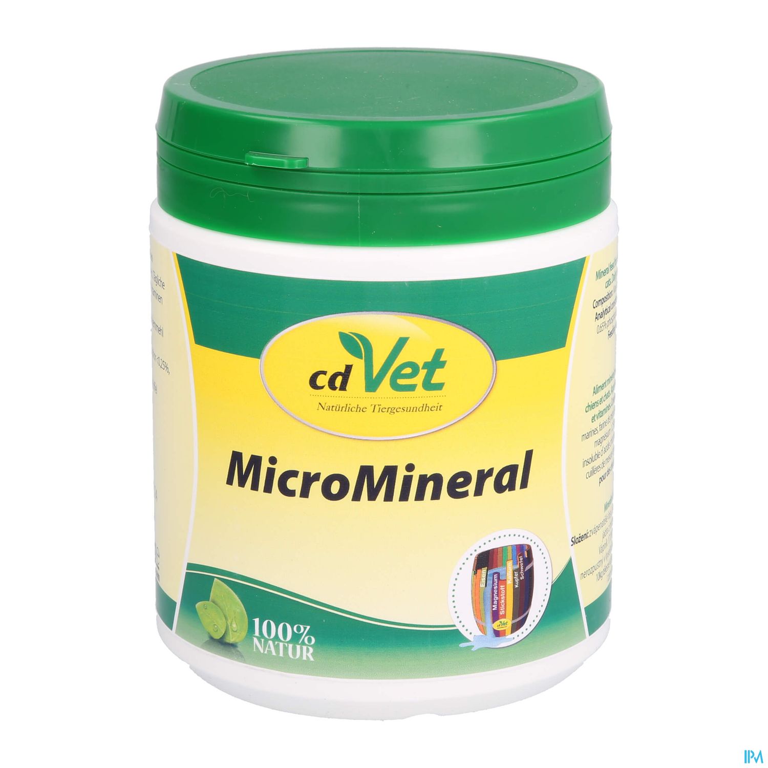 Weißer Behälter mit grünem Deckel, beschriftet mit "cdVet MicroMineral" und dem Hinweis "100% NATUR".