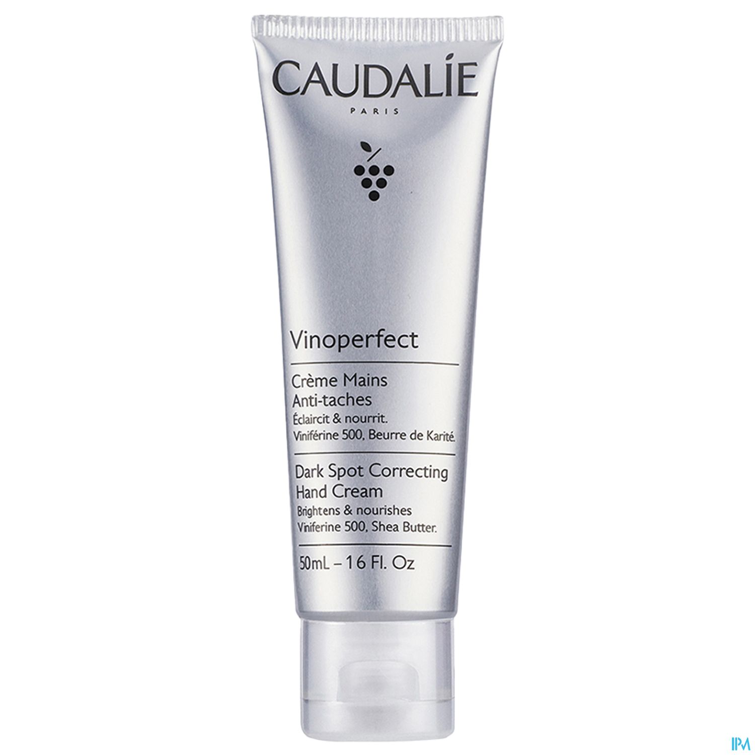Tube einer Handcreme von Caudalie mit der Aufschrift "Vinoperfect" und Informationen über die Wirkungen auf die Haut.