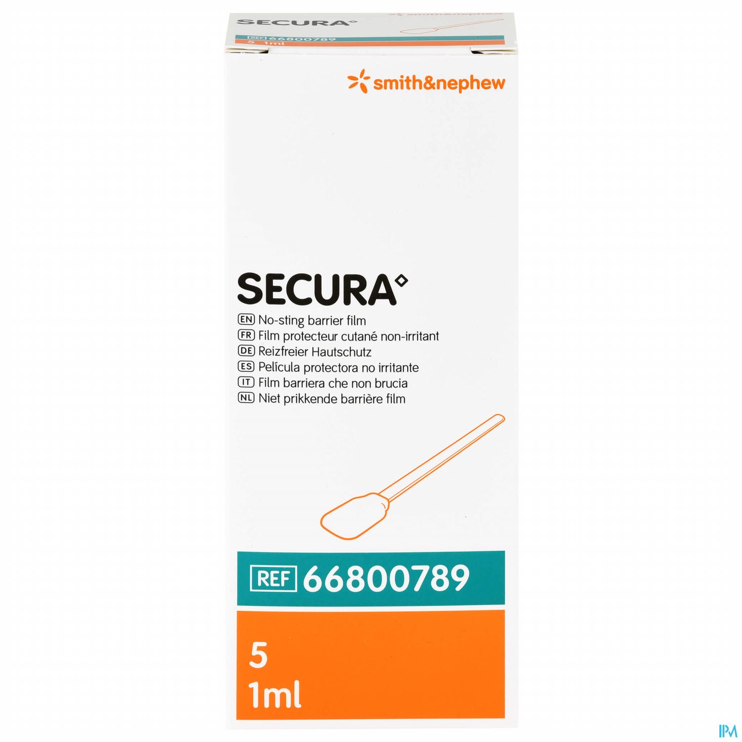 Verpackung einer Barriereschicht mit dem Namen "SECURA", von Smith & Nephew, 1 ml, mit einer Abbildung eines Spatels.