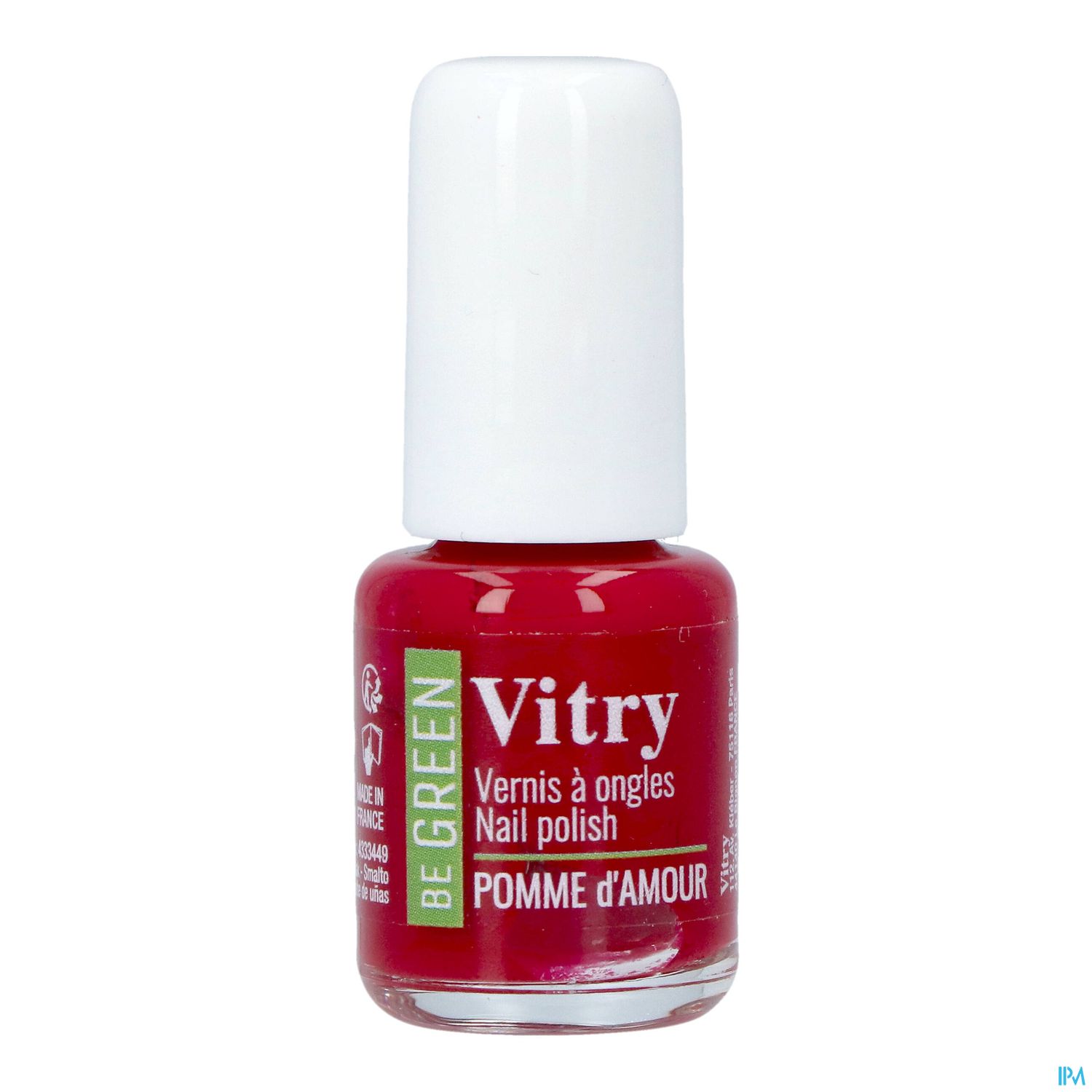 Roten Nagellack in einem kleinen Fläschchen mit weißem Verschluss, beschriftet mit "Vitry Vernis à ongles Pomme d'Amour".