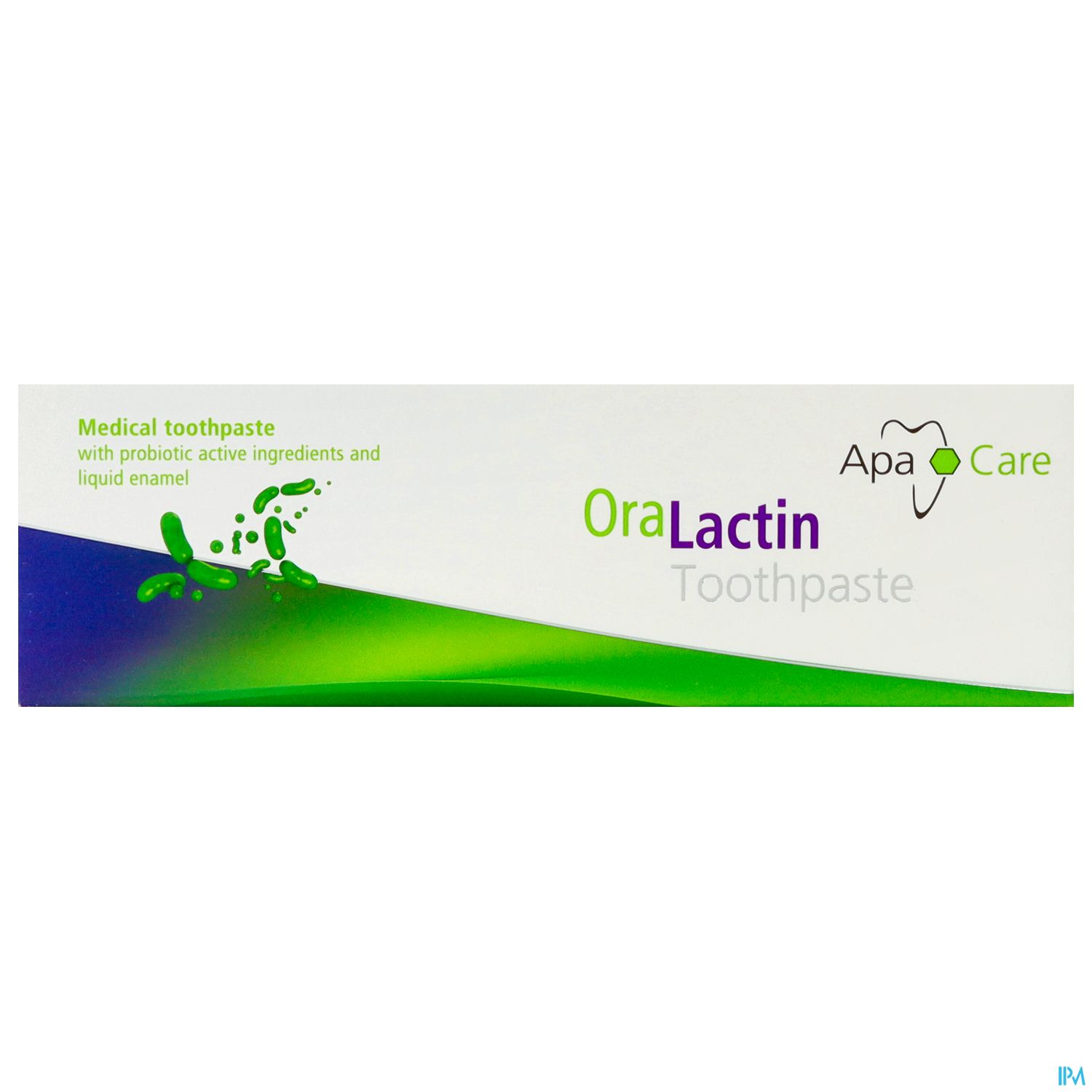Verpackung der Zahnpasta "OraLactin" mit probiotischen Inhaltsstoffen und flüssigem Zahnschmelz.