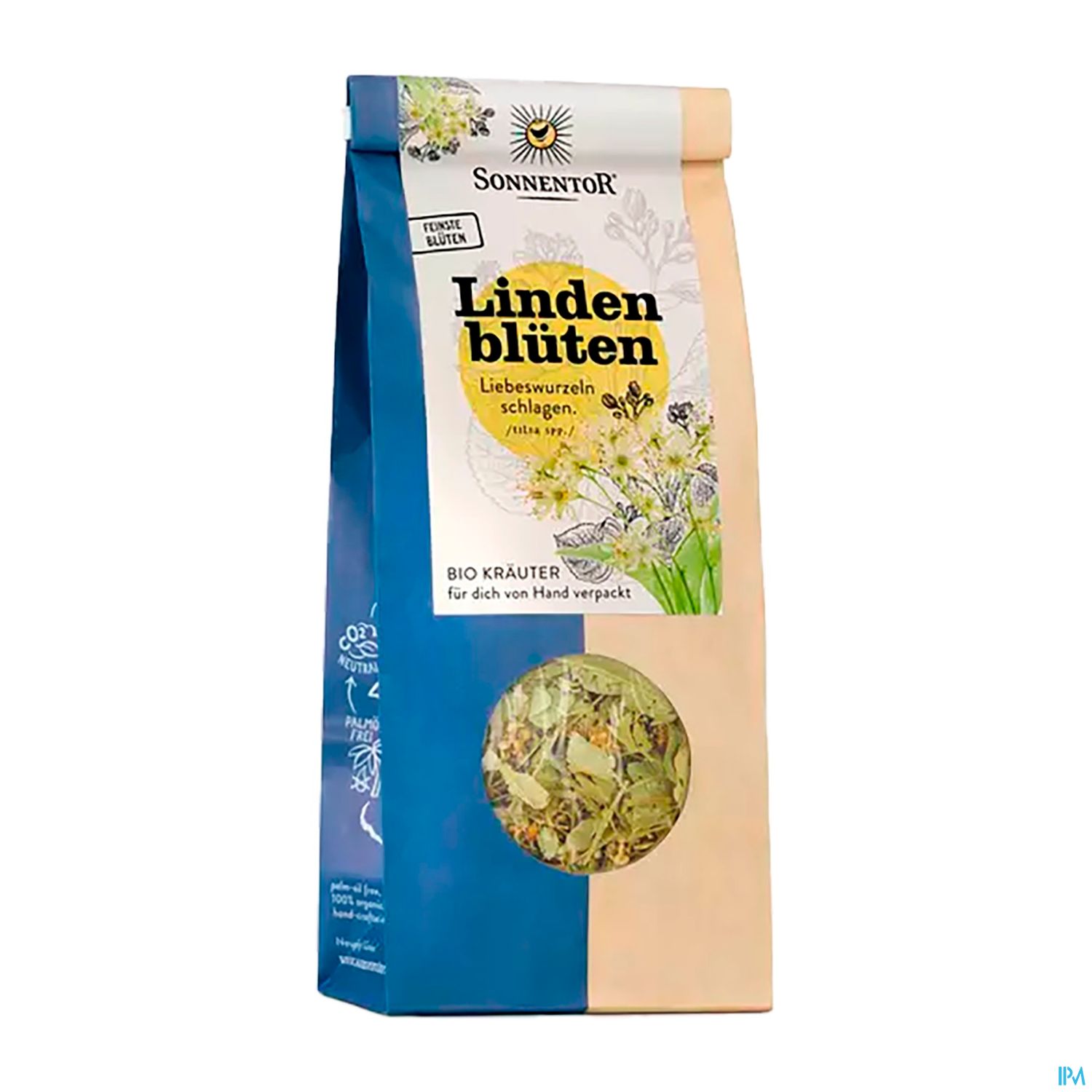 Papiertüte mit Lindenblüten von Sonnentor, etikettiert mit „Lindenblüten“ und der Aufschrift „Bio Kräuter für dich von Hand verpackt“.
