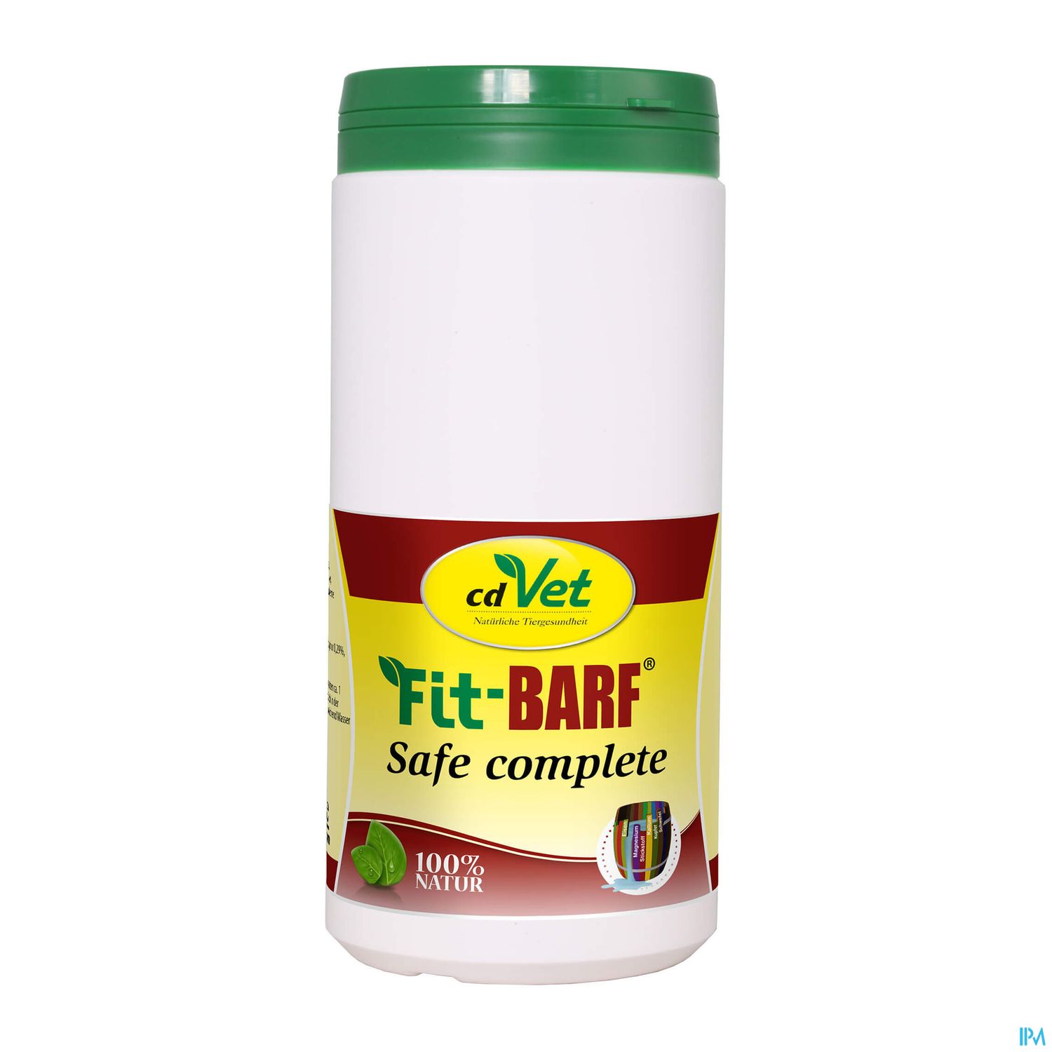 Weißer Behälter mit grünem Deckel, beschriftet mit „Fit-BARF Safe complete“ und dem Logo von cdVet.
