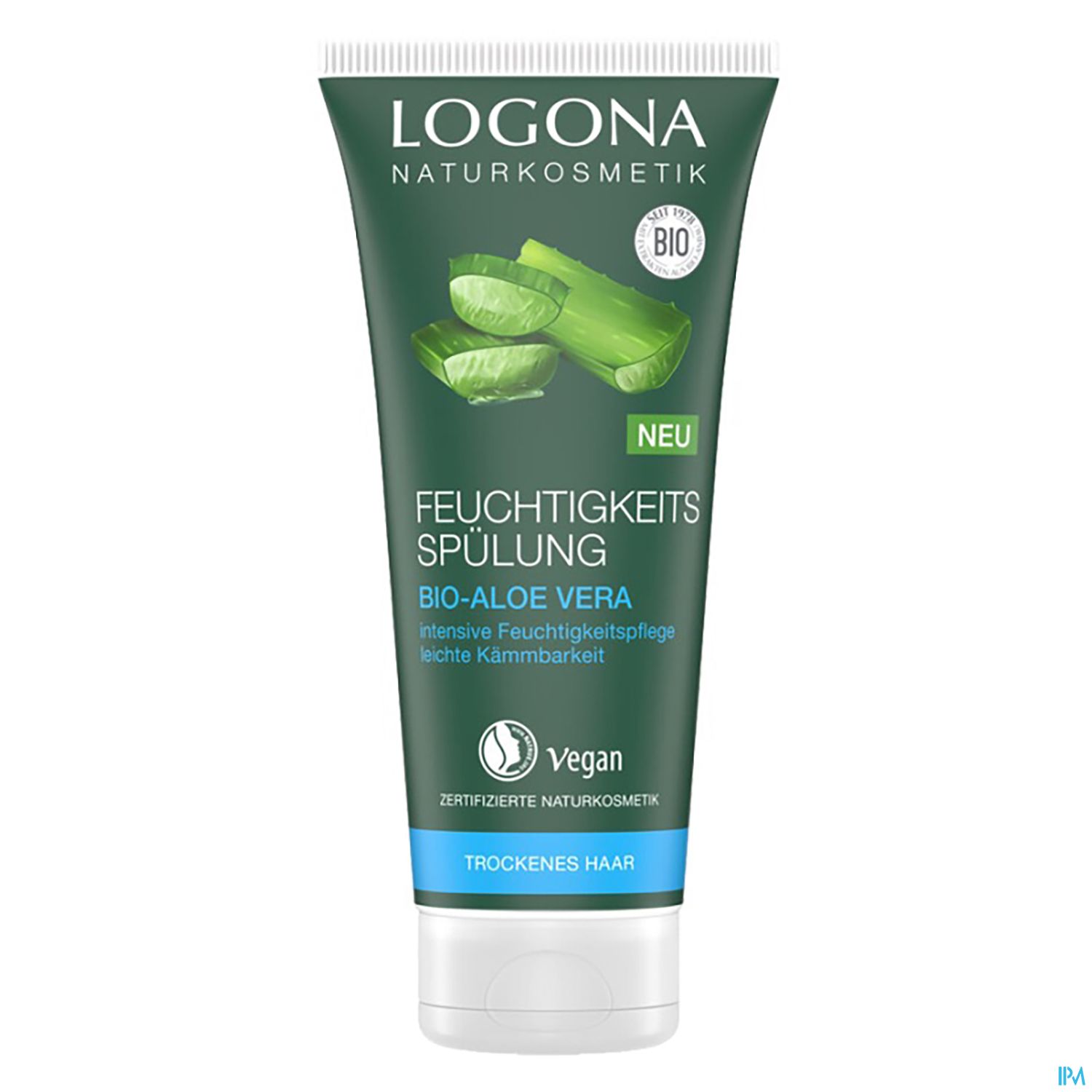 Tube mit LOGONA Feuchtigkeitsspülung mit Bio-Aloe Vera für trockene Haare, vegan, mit grüner Aloe Vera-Abbildung und dem Hinweis "neu".