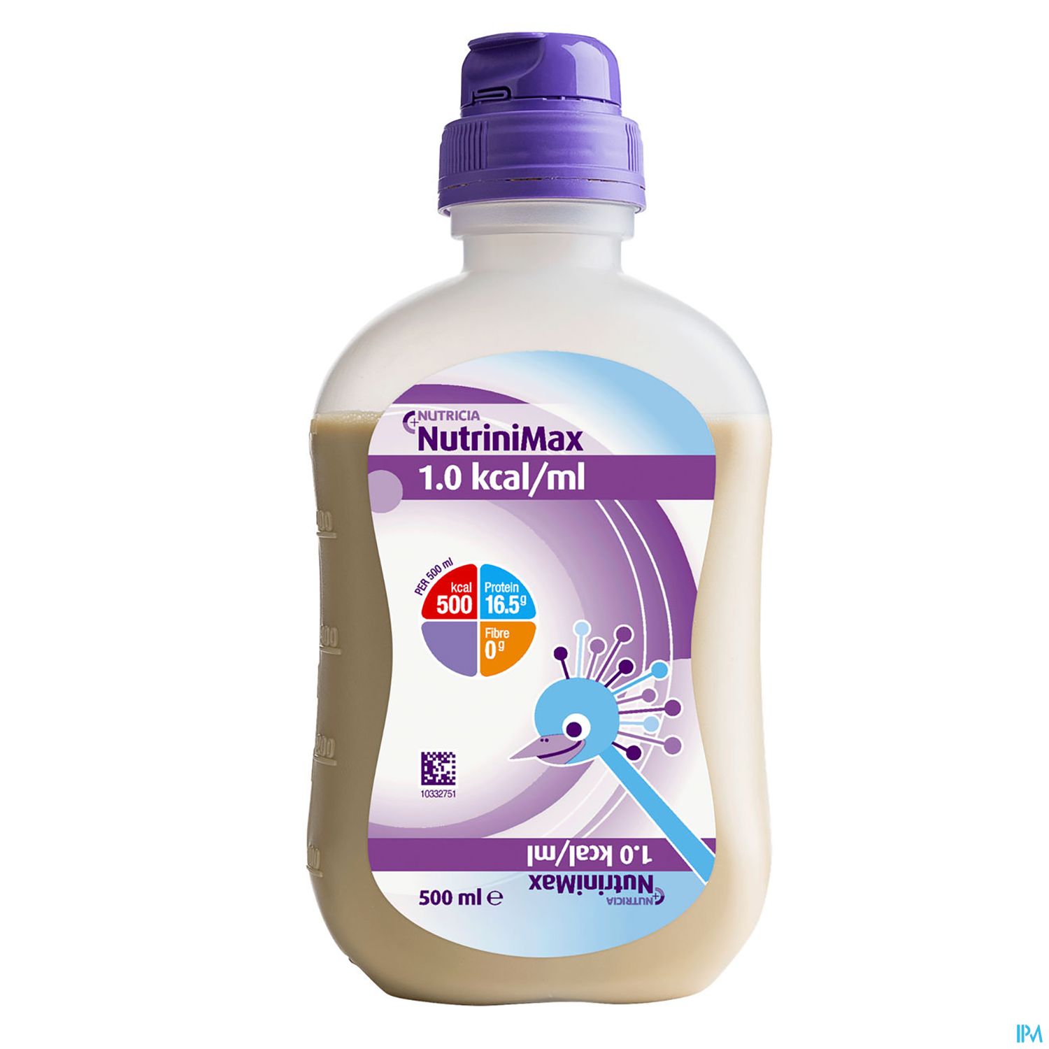 Flasche mit Nutrinimax 1.0 kcal/ml, 500 ml, lila Deckel und Etikett mit Darstellung eines Pfaues und Nährwertangaben.