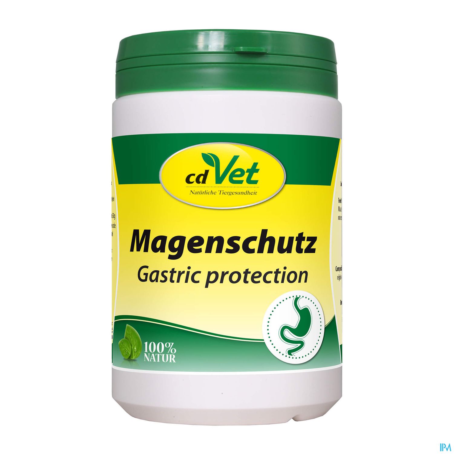 Weißer Behälter mit grünem Deckel und gelber Etikette, beschriftet mit "Magenschutz" und "Gastric protection".