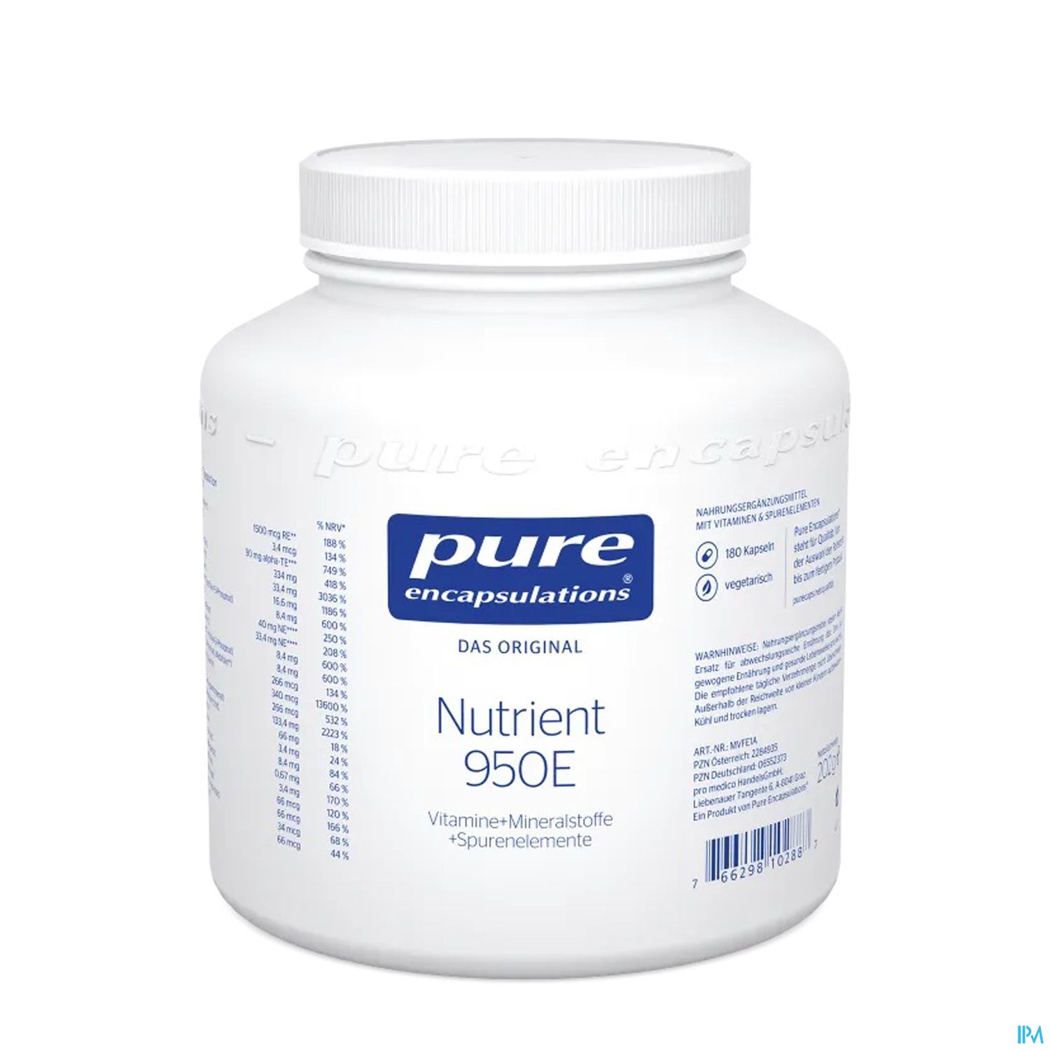Weißer Behälter mit dem Aufdruck "pure encapsulations" und der Bezeichnung "Nutrient 950E" darauf, enthält Vitamine, Mineralstoffe und Spurenelemente.