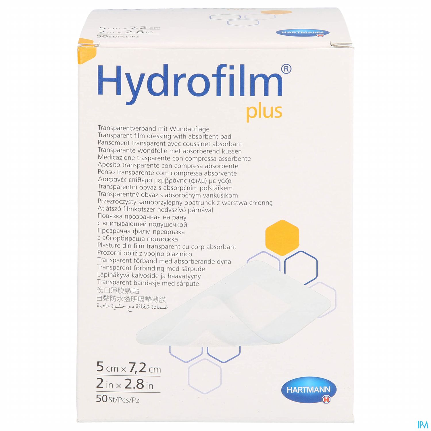 Packung von Hydrofilm plus Wundauflagen, transparent, mit absorbierender Pads, Größe 5 cm x 7,2 cm, Inhalt 50 Stück.