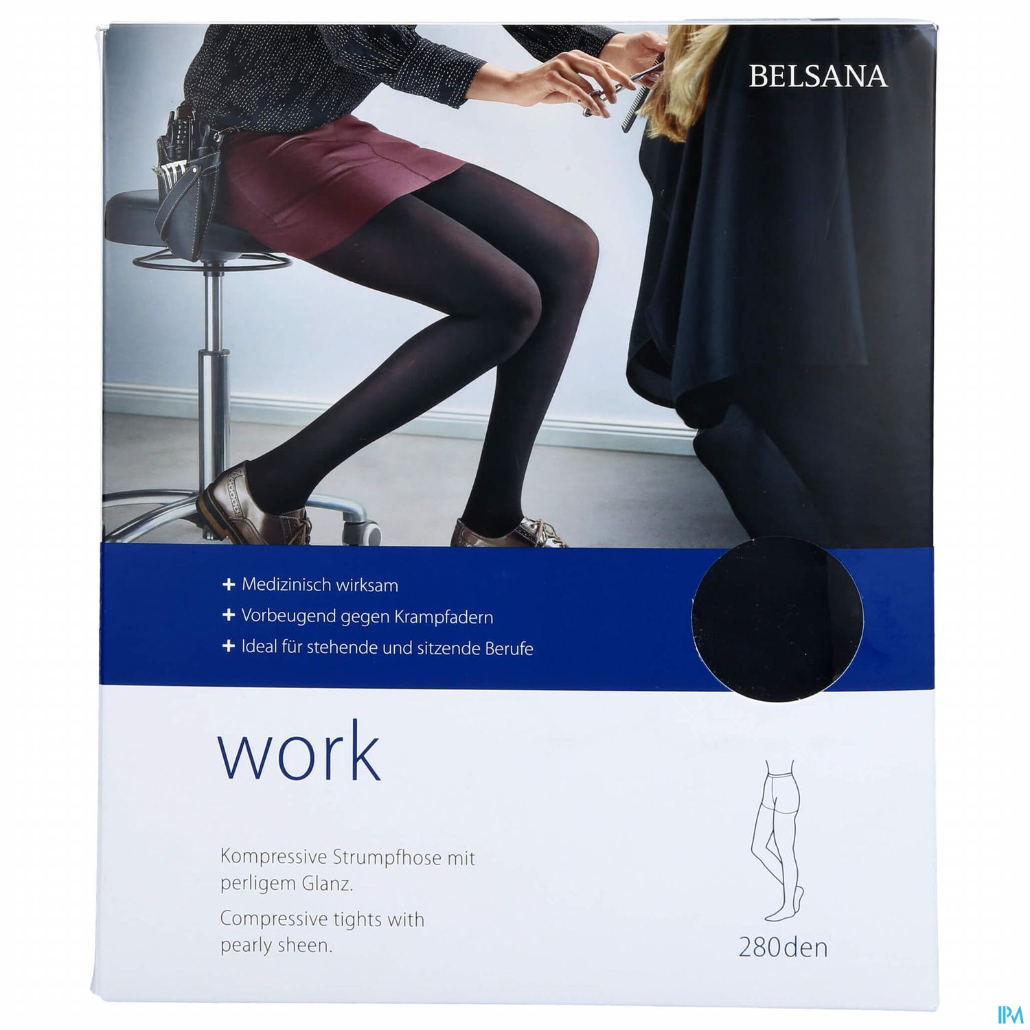Verpackung von Belsana "work" kompressiven Strumpfhosen mit Hinweisen zur medizinischen Wirkung und Eignung für Berufe mit stehender oder sitzender Tätigkeit.