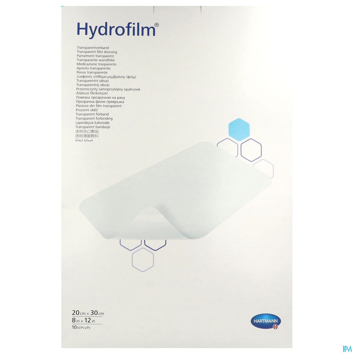 Verpackung des Produkts "Hydrofilm" von Hartmann, Größe 20 x 30 cm, mit grafischen Elementen im Hintergrund.