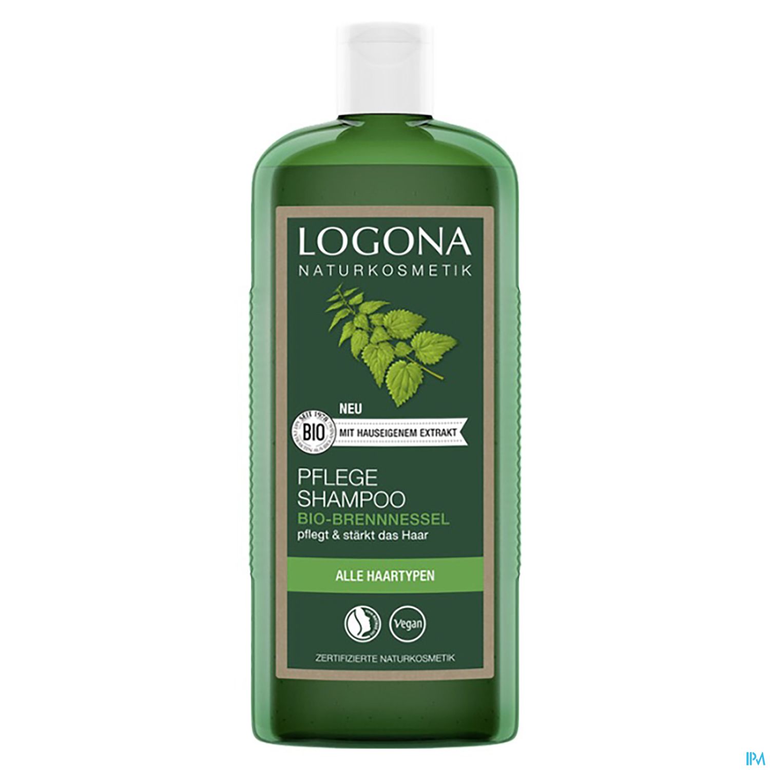 Grüne Shampoo-Flasche von Logona mit der Aufschrift "Pflege Shampoo Bio-Brennnessel" und einem Hinweis auf vegane Inhaltsstoffe.