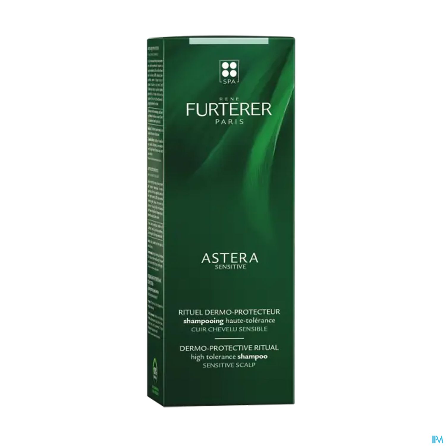 Grüne Schachtel mit der Aufschrift "ASTERA SENSITIVE" und Produktinformationen für ein sanftes Shampoo.