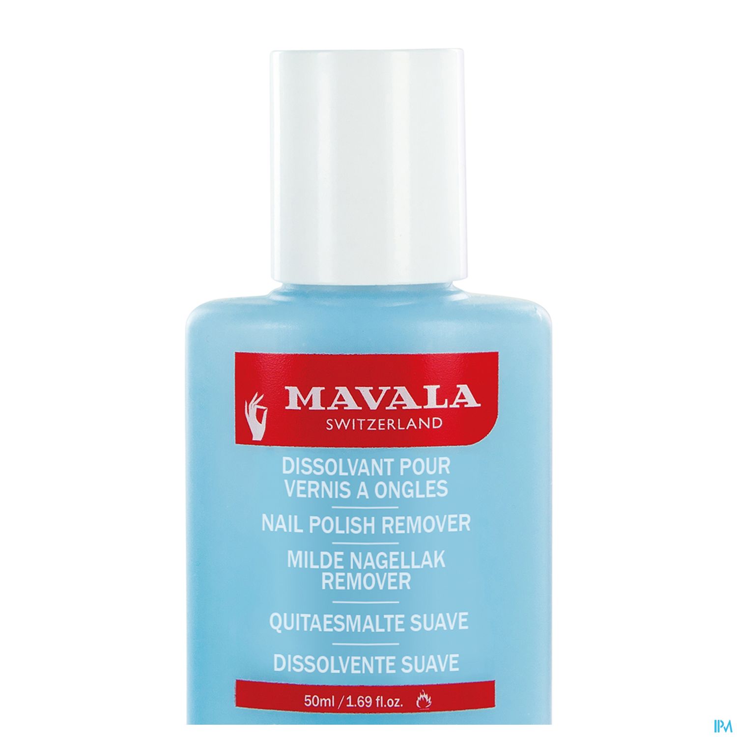 Flasche mit Nagellackentferner von Mavala, blauer Flüssigkeit, etikettiert in mehreren Sprachen.
