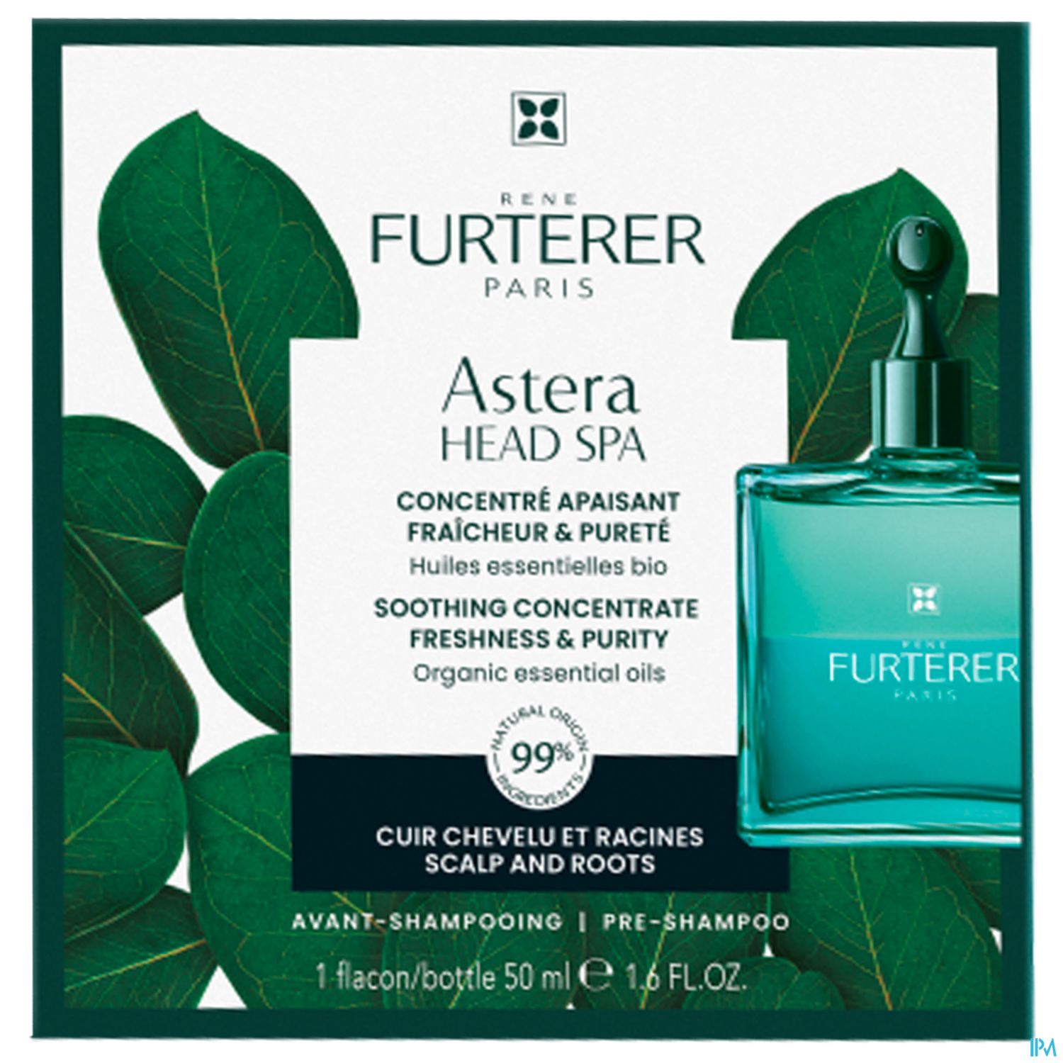 Produktverpackung von René Furterer Astera Head Spa, enthält beruhigendes Konzentrat mit organischen ätherischen Ölen, 50 ml Flasche.