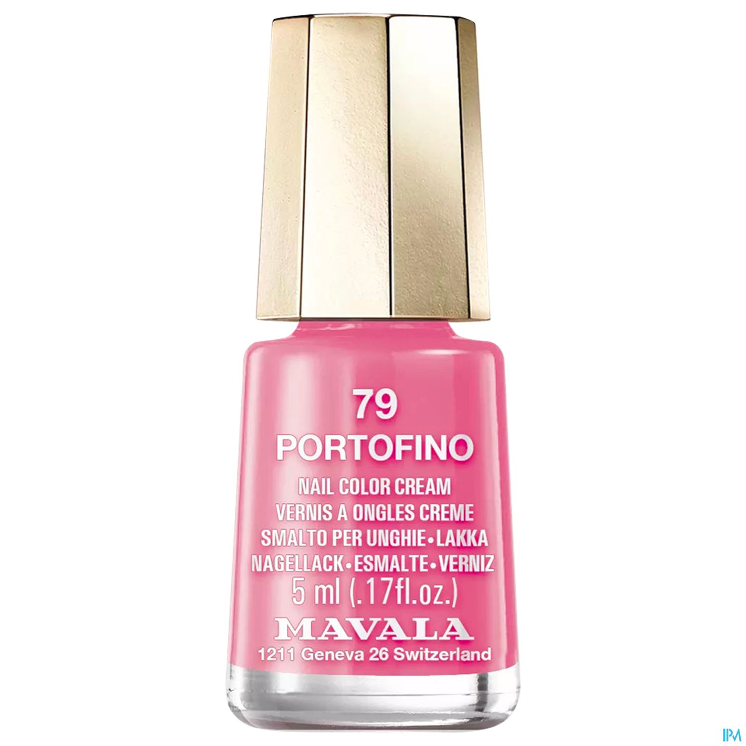 Flasche Nagellack in rosa mit goldfarbenem Deckel, beschriftet mit "79 PORTOFINO" und "MAVALA".