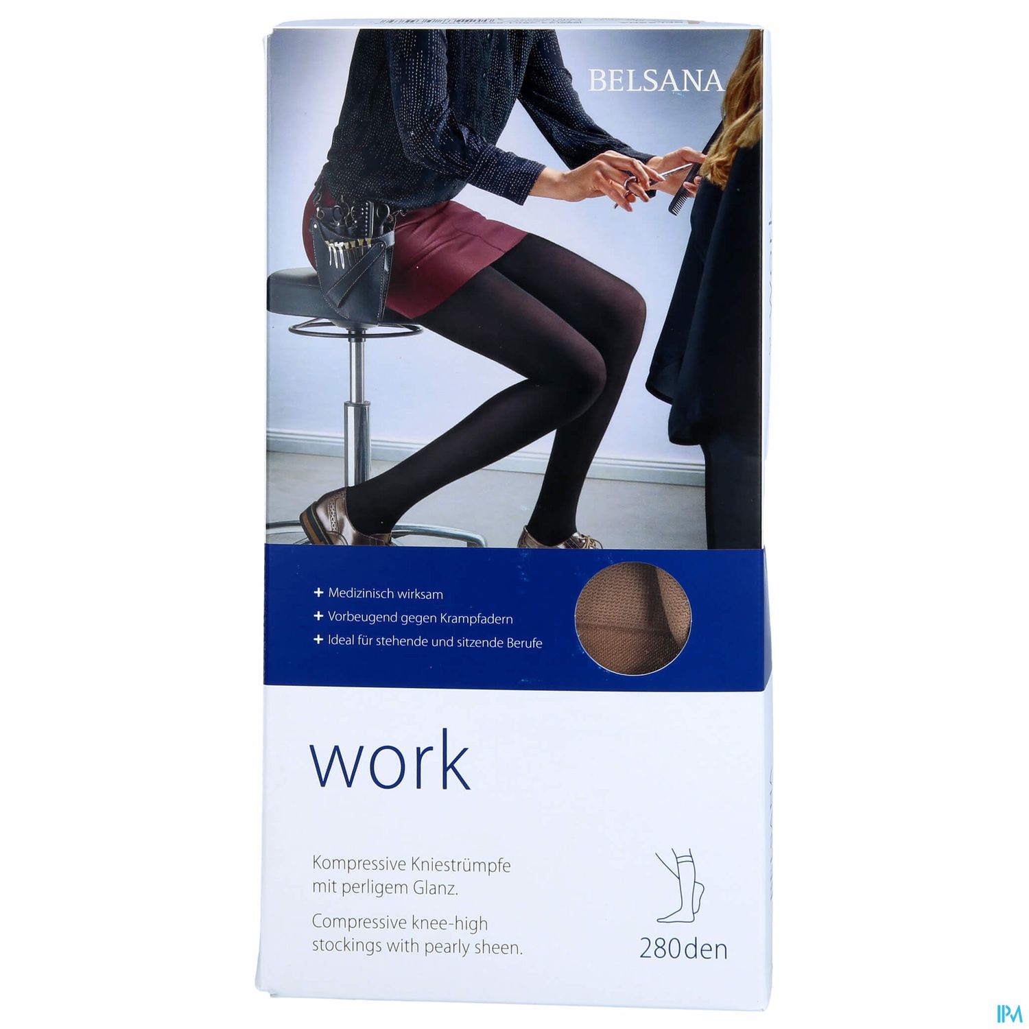 Verpackung von kompressiven Kniestrümpfen der Marke Belsana mit Informationen zu Wirkung und Anwendung.