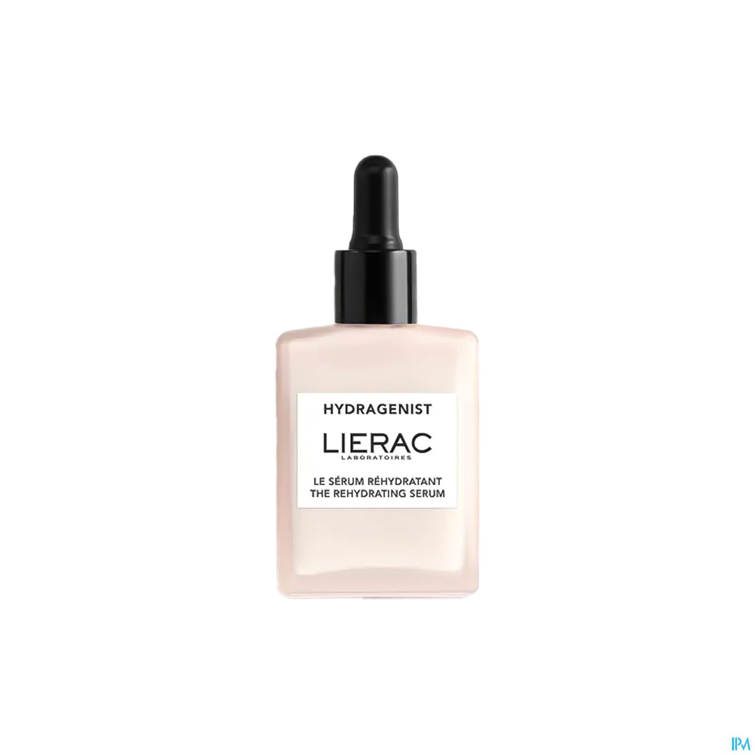 Flasche mit Rehydratisierungsserum von Lierac, mit schwarzem Tropfer und weißem Etikett.