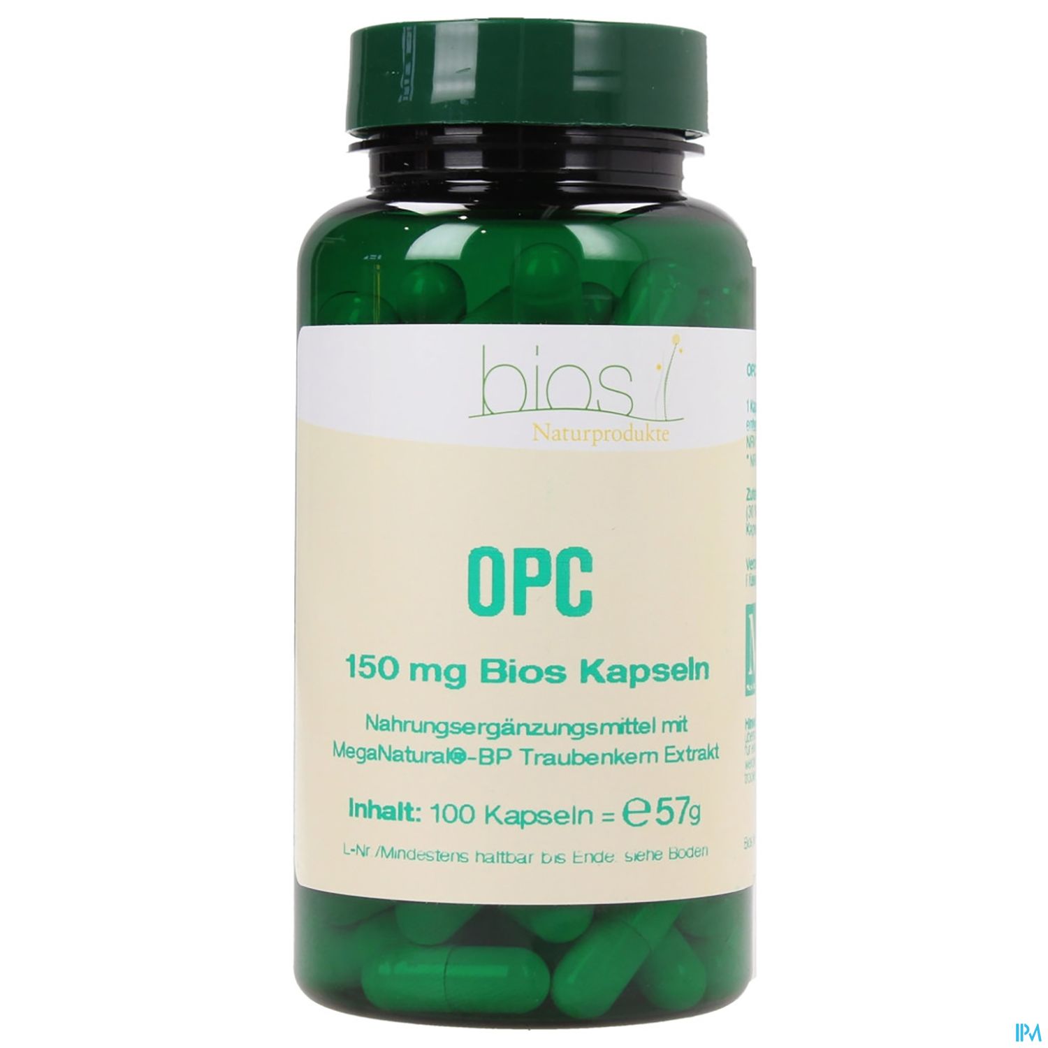 Grüne Flasche mit 150 mg Bios Kapseln, Nahrungsergänzungsmittel mit Traubenkernextrakt, 100 Kapseln, 57 g Inhalt.