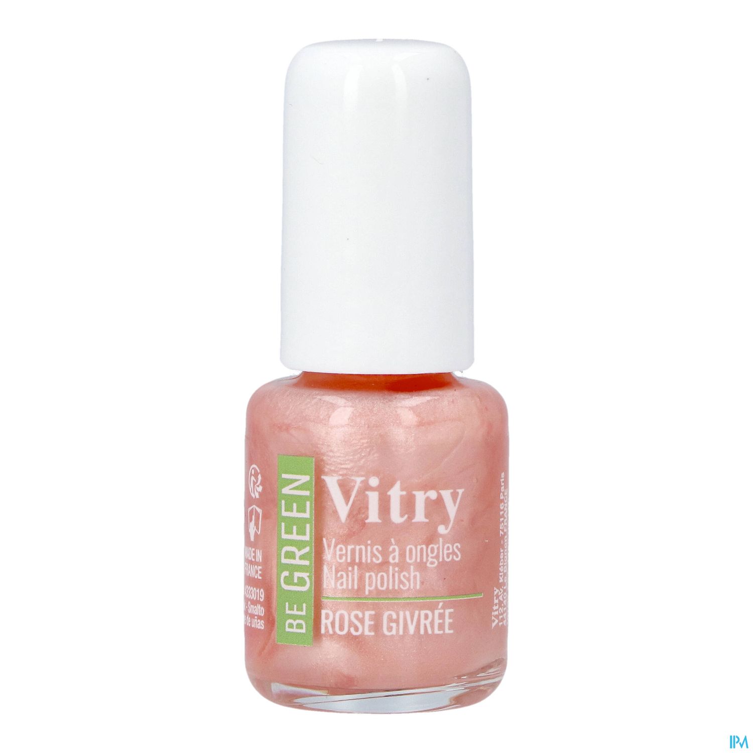 Flasche mit rosa Nagellack von Vitry, beschriftet mit "Be Green" und "Rose Givrée".
