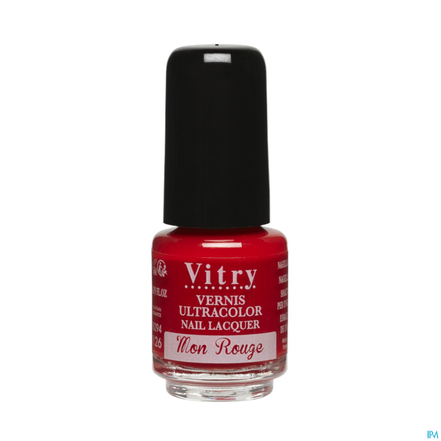 Flasche mit rotem Nagellack der Marke Vitry, Beschriftung "Vernis Ultracolor" und "Mon Rouge".