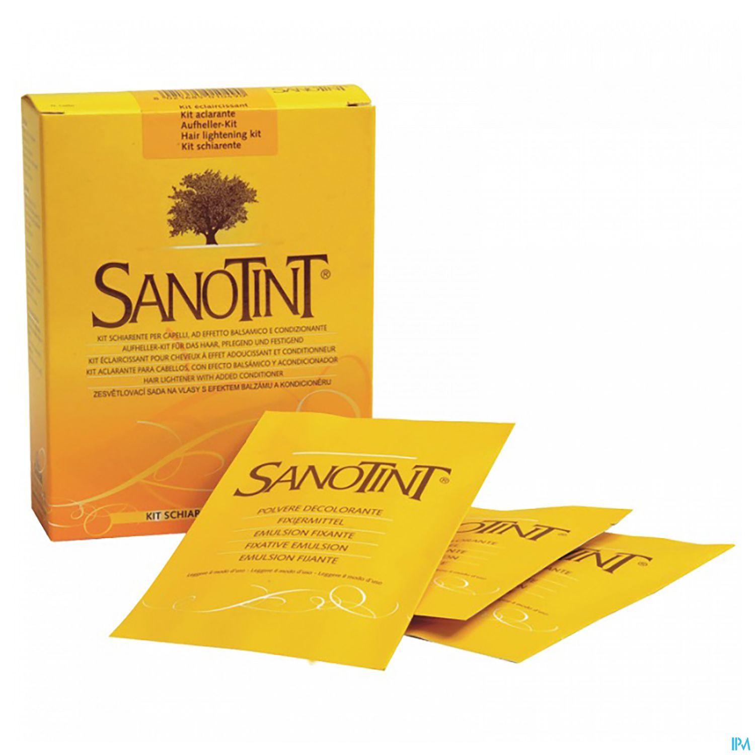 Kartonverpackung mit dem Aufdruck "SANOTINT" und drei Beuteln für ein Haaraufhellungs-Kit.
