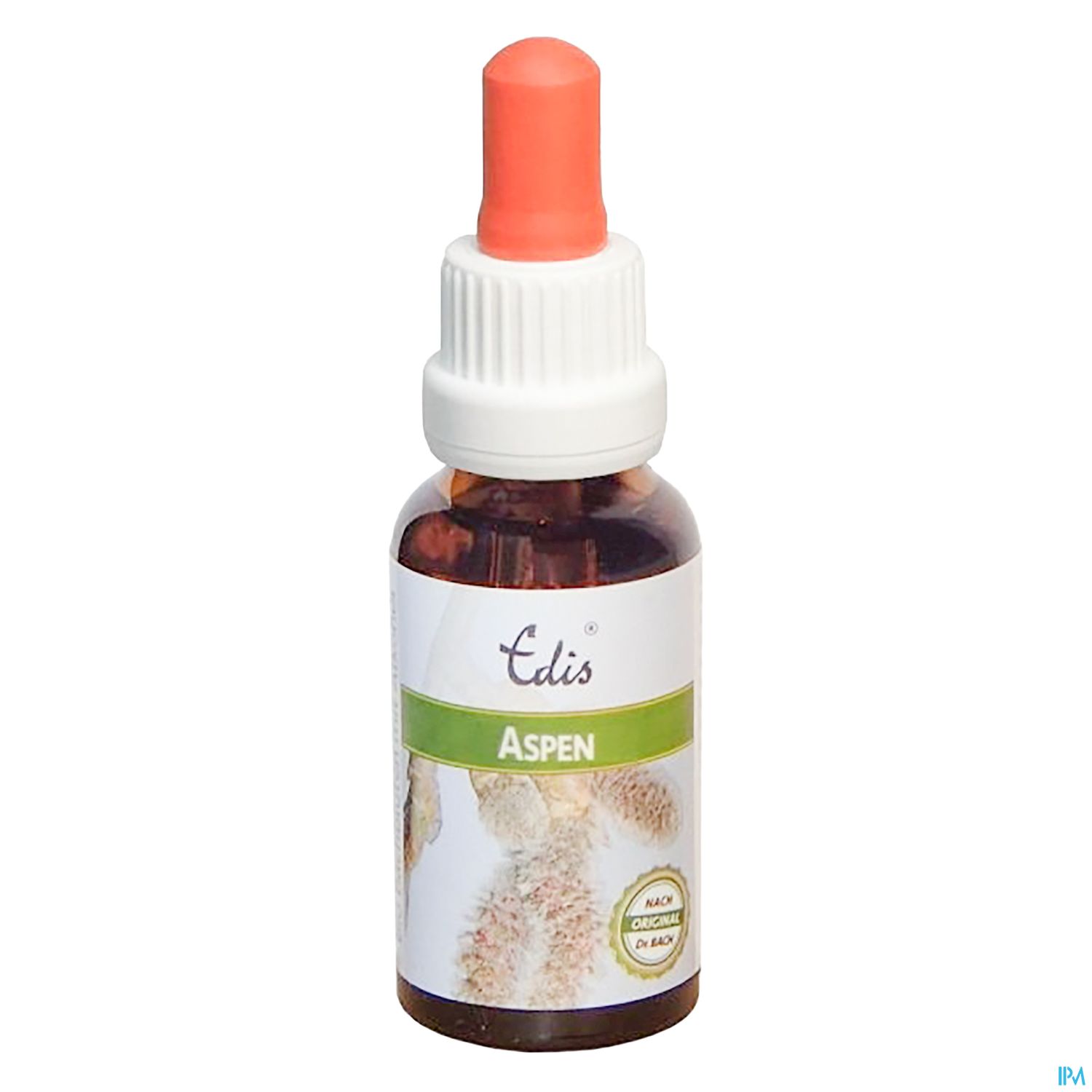 Flasche mit Tropfer und Etikett "Edis Aspen" auf weißem Hintergrund.