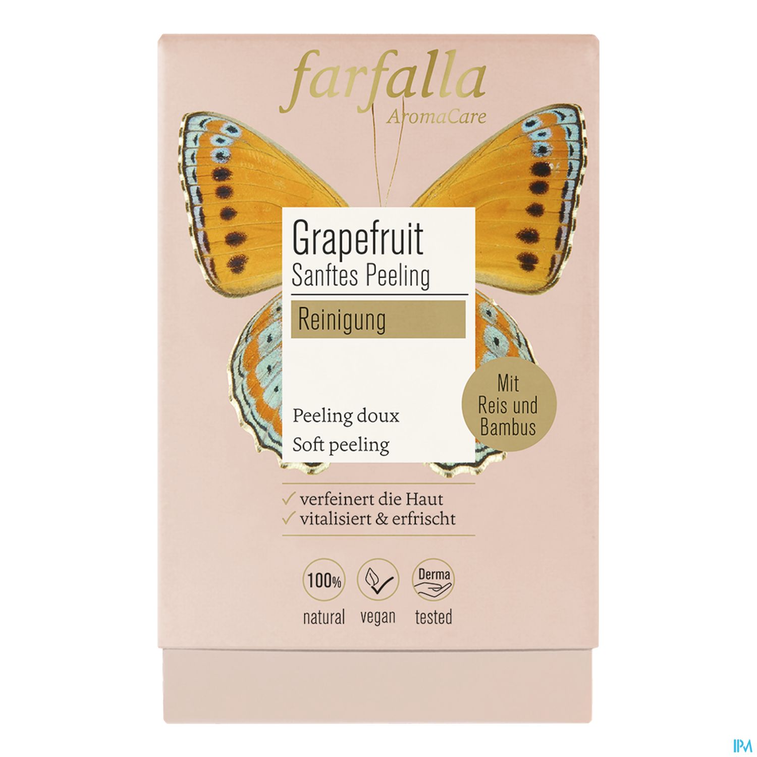 Packungsdesign für ein sanftes Grapefruit-Peeling mit Schmetterling-Motiv, das die Haut reinigt und vitalisiert.