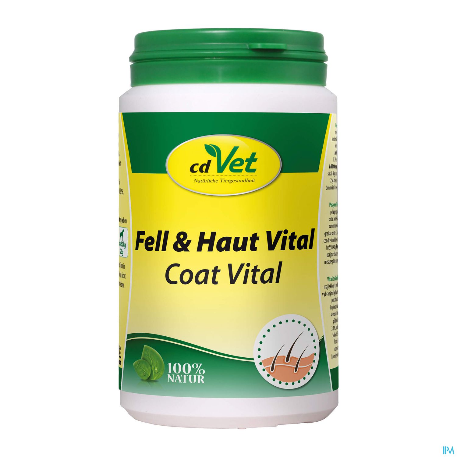 Dose mit Nahrungsergänzung für Tiere, beschriftet mit "cdVet Fell & Haut Vital" und "Coat Vital".