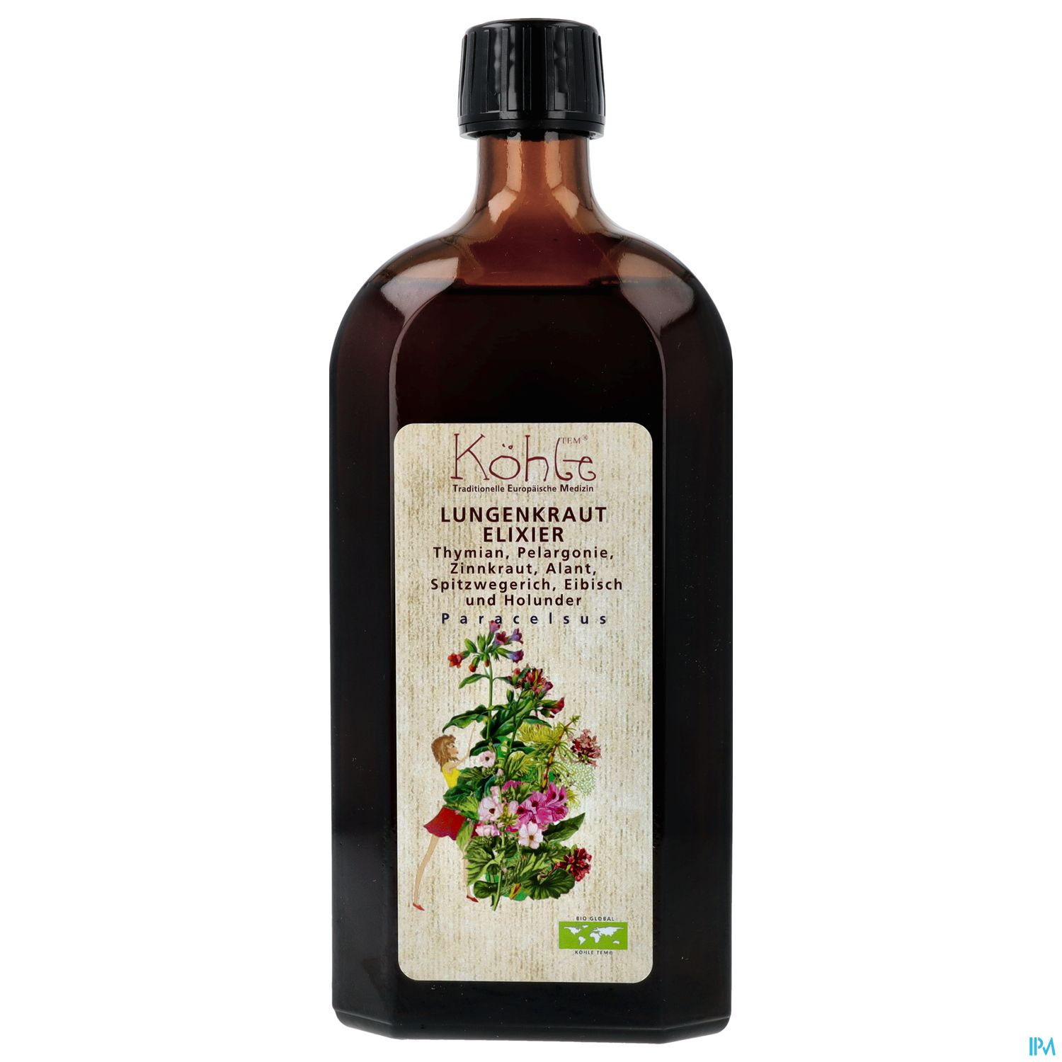 Braune Flasche mit Etikett für Lungenkraut Elixier, das Kräuter wie Thymian, Pelargonien und Holunder zeigt.