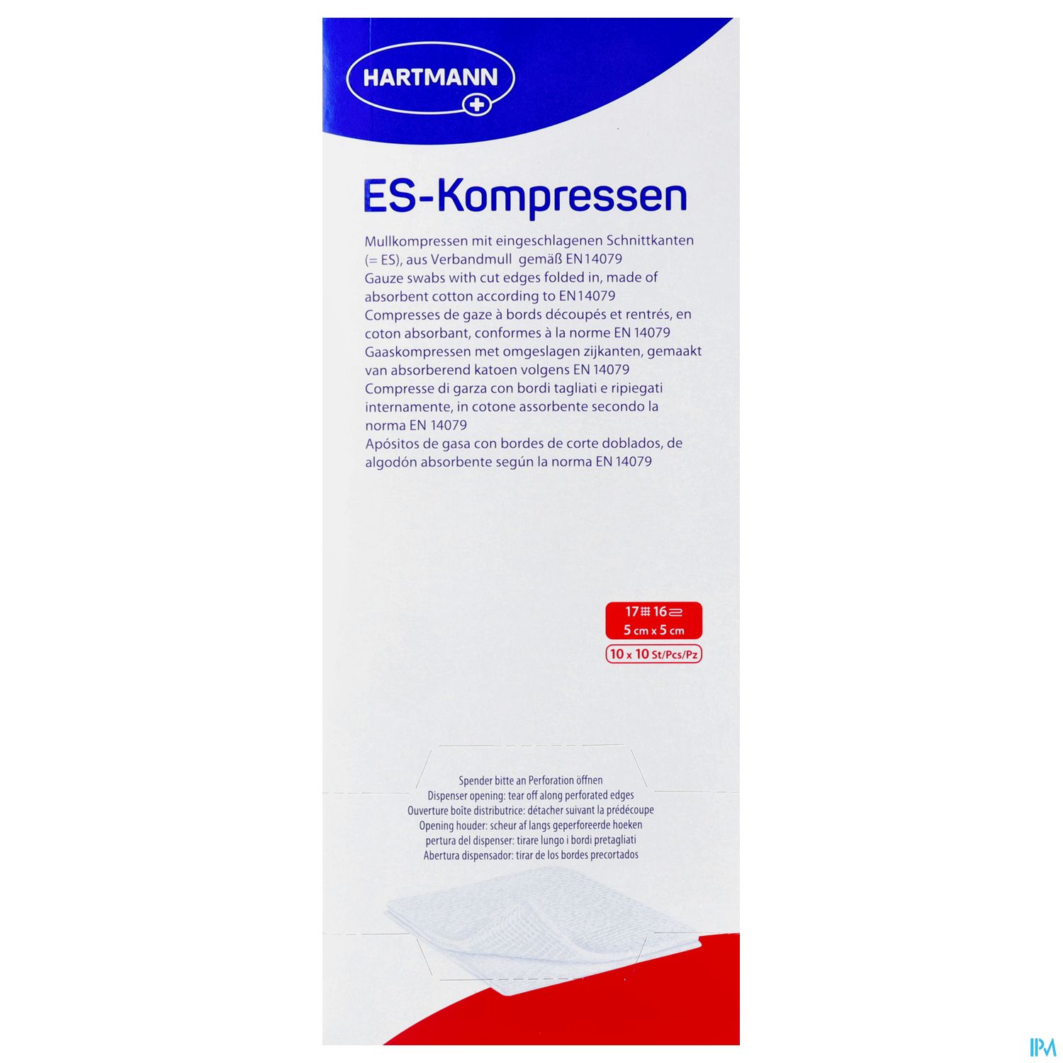 Packung mit Hartmann ES-Kompressen, 17x16 cm, 5 cm x 5 m, mit Produktinformationen in Deutsch und Englisch.