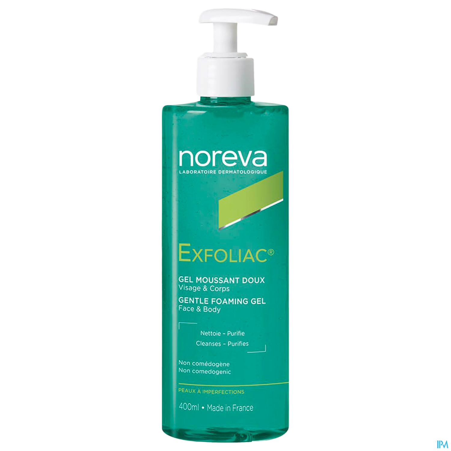 Flasche mit sanftem Reinigungsgel für Gesicht und Körper von Noreva, mit Pumpkopf.