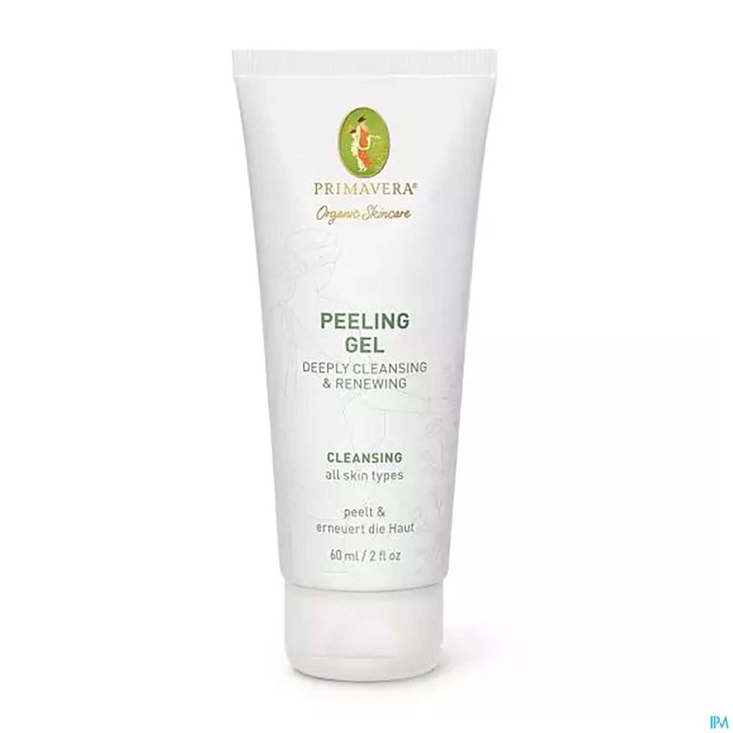 Tube mit Peeling-Gel von Primavera mit der Aufschrift "Peeling Gel – Deeply Cleansing & Renewing" für alle Hauttypen.