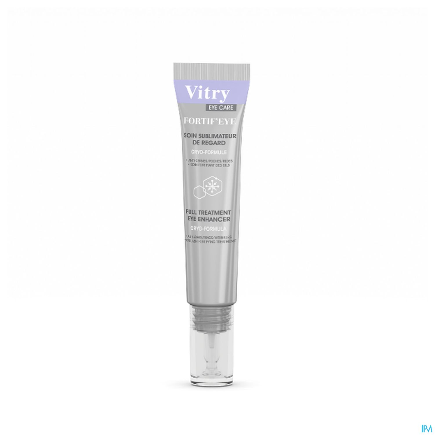 Tube mit Augenkur von Vitry, beschriftet mit "Fortif'eye" und "Full Treatment Eye Enhancer".